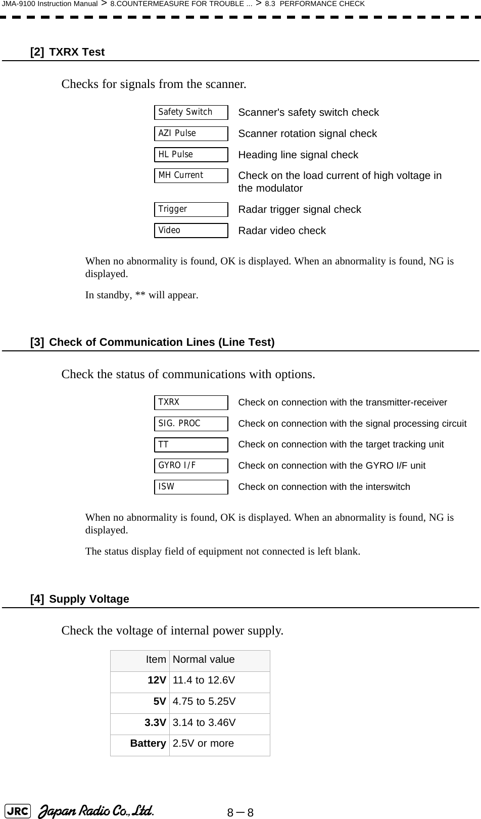 8－8JMA-9100 Instruction Manual &gt; 8.COUNTERMEASURE FOR TROUBLE ... &gt; 8.3  PERFORMANCE CHECK[2] TXRX TestChecks for signals from the scanner.When no abnormality is found, OK is displayed. When an abnormality is found, NG is displayed.In standby, ** will appear.[3] Check of Communication Lines (Line Test)Check the status of communications with options.When no abnormality is found, OK is displayed. When an abnormality is found, NG is displayed.The status display field of equipment not connected is left blank.[4] Supply VoltageCheck the voltage of internal power supply. Scanner&apos;s safety switch checkScanner rotation signal checkHeading line signal checkCheck on the load current of high voltage inthe modulatorRadar trigger signal checkRadar video checkCheck on connection with the transmitter-receiverCheck on connection with the signal processing circuitCheck on connection with the target tracking unitCheck on connection with the GYRO I/F unitCheck on connection with the interswitchItem Normal value12V 11.4 to 12.6V5V 4.75 to 5.25V3.3V 3.14 to 3.46VBattery 2.5V or moreSafety SwitchAZI PulseHL PulseMH CurrentTriggerVideoTXRXSIG. PROCTT  GYRO I/F ISW