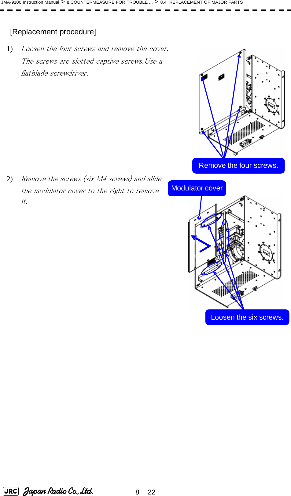 8－22JMA-9100 Instruction Manual &gt; 8.COUNTERMEASURE FOR TROUBLE ... &gt; 8.4  REPLACEMENT OF MAJOR PARTS[Replacement procedure]1) Loosen the four screws and remove the cover.The screws are slotted captive screws.Use a flatblade screwdriver.2) Remove the screws (six M4 screws) and slide the modulator cover to the right to remove it.Remove the four screws.Loosen the six screws.Modulator cover