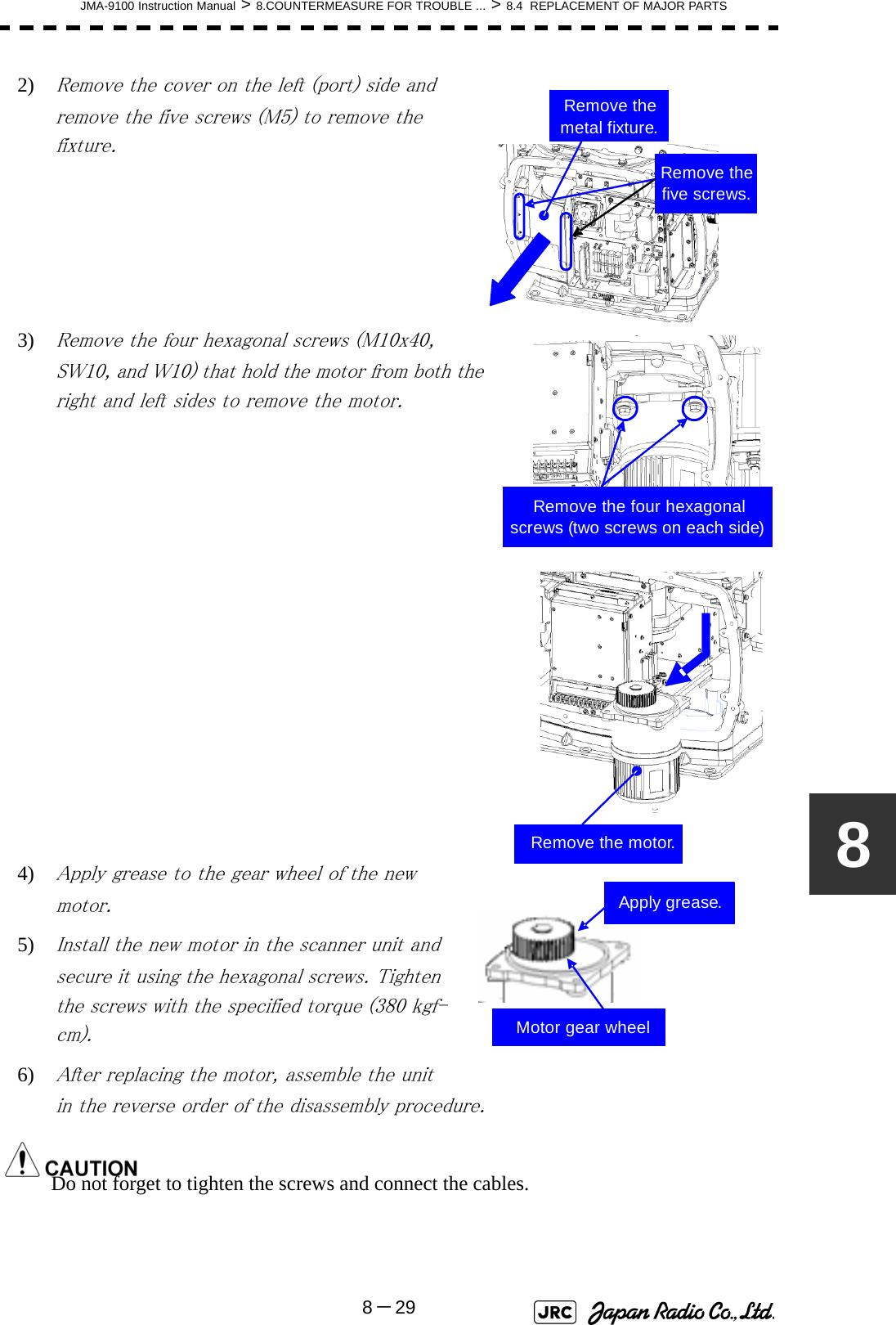 JMA-9100 Instruction Manual &gt; 8.COUNTERMEASURE FOR TROUBLE ... &gt; 8.4  REPLACEMENT OF MAJOR PARTS8－2982) Remove the cover on the left (port) side and remove the five screws (M5) to remove the fixture.3) Remove the four hexagonal screws (M10x40, SW10, and W10) that hold the motor from both the right and left sides to remove the motor.4) Apply grease to the gear wheel of the new motor.5) Install the new motor in the scanner unit and secure it using the hexagonal screws. Tighten the screws with the specified torque (380 kgf-cm).6) After replacing the motor, assemble the unit in the reverse order of the disassembly procedure.Do not forget to tighten the screws and connect the cables.Remove the metal fixture.Remove the five screws.Remove the four hexagonal screws (two screws on each side)Remove the motor.Apply grease.Motor gear wheel