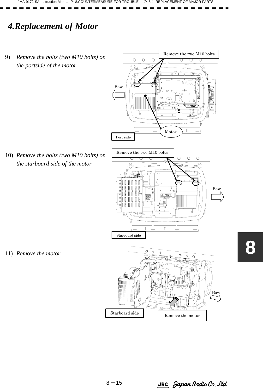 JMA-9172-SA Instruction Manual &gt; 8.COUNTERMEASURE FOR TROUBLE ... &gt; 8.4  REPLACEMENT OF MAJOR PARTS8－1584.Replacement of Motor9)  Remove the bolts (two M10 bolts) on the portside of the motor.10)  Remove the bolts (two M10 bolts) on the starboard side of the motor11)  Remove the motor.Port side Bow   Remove the two M10 bolts Motor Bow Starboard side   Remove the two M10 bolts Starboard side Bow Remove the motor 
