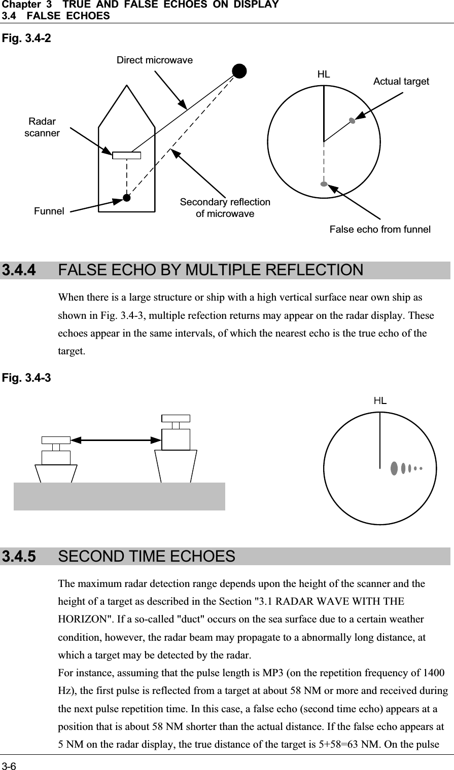 Chapter 3TRUE AND FALSE ECHOES ON DISPLAY 3.4FALSE ECHOES 3-6Fig. 3.4-2     Radar scannerFunnelHLDirect microwaveSecondary reflectionof microwaveActual targetFalse echo from funnel 3.4.4 FALSE ECHO BY MULTIPLE REFLECTION When there is a large structure or ship with a high vertical surface near own ship as shown in Fig. 3.4-3, multiple refection returns may appear on the radar display. These echoes appear in the same intervals, of which the nearest echo is the true echo of the target.Fig. 3.4-3     3.4.5 SECOND TIME ECHOES The maximum radar detection range depends upon the height of the scanner and the height of a target as described in the Section &quot;3.1 RADAR WAVE WITH THE HORIZON&quot;. If a so-called &quot;duct&quot; occurs on the sea surface due to a certain weather condition, however, the radar beam may propagate to a abnormally long distance, at which a target may be detected by the radar. For instance, assuming that the pulse length is MP3 (on the repetition frequency of 1400 Hz), the first pulse is reflected from a target at about 58 NM or more and received during the next pulse repetition time. In this case, a false echo (second time echo) appears at a position that is about 58 NM shorter than the actual distance. If the false echo appears at 5 NM on the radar display, the true distance of the target is 5+58=63 NM. On the pulse 