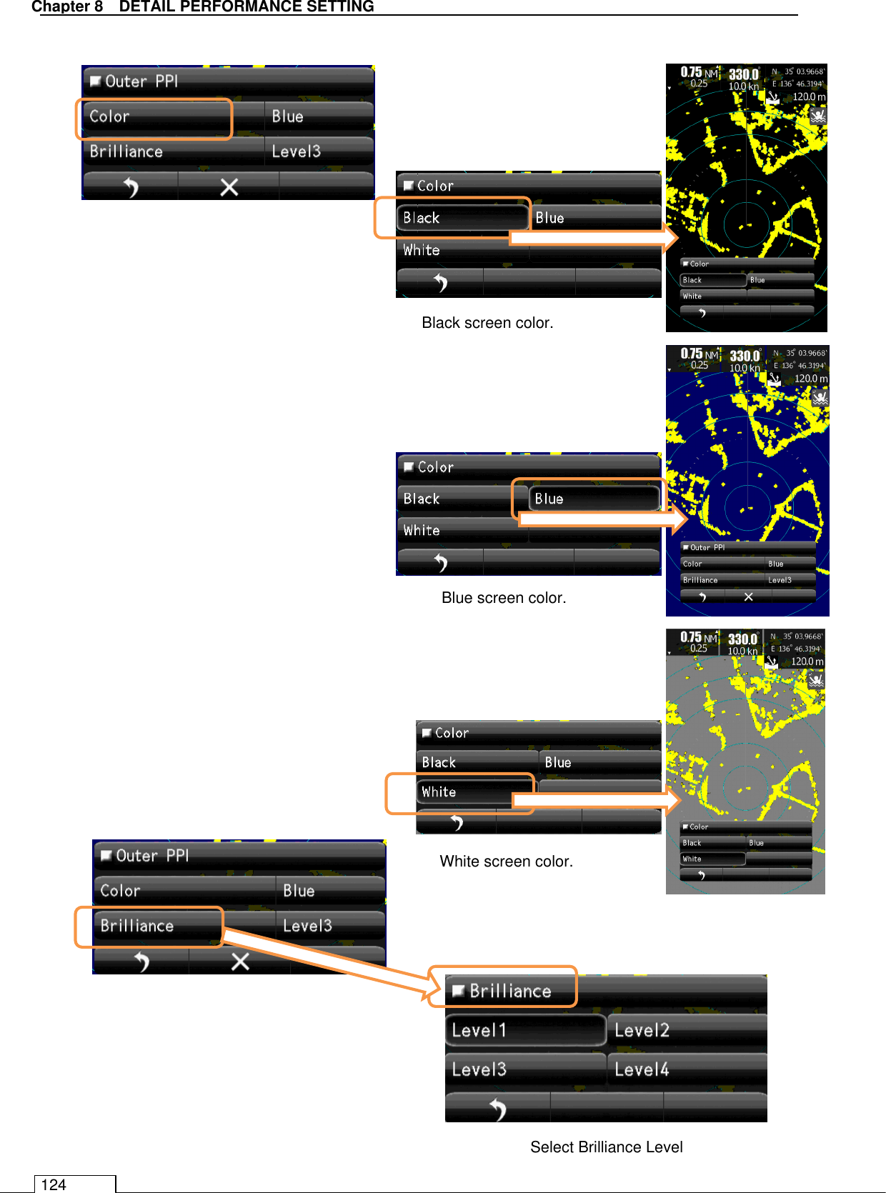   Chapter 8   DETAIL PERFORMANCE SETTING 124                                               Black screen color. Select Brilliance Level Blue screen color. White screen color. 