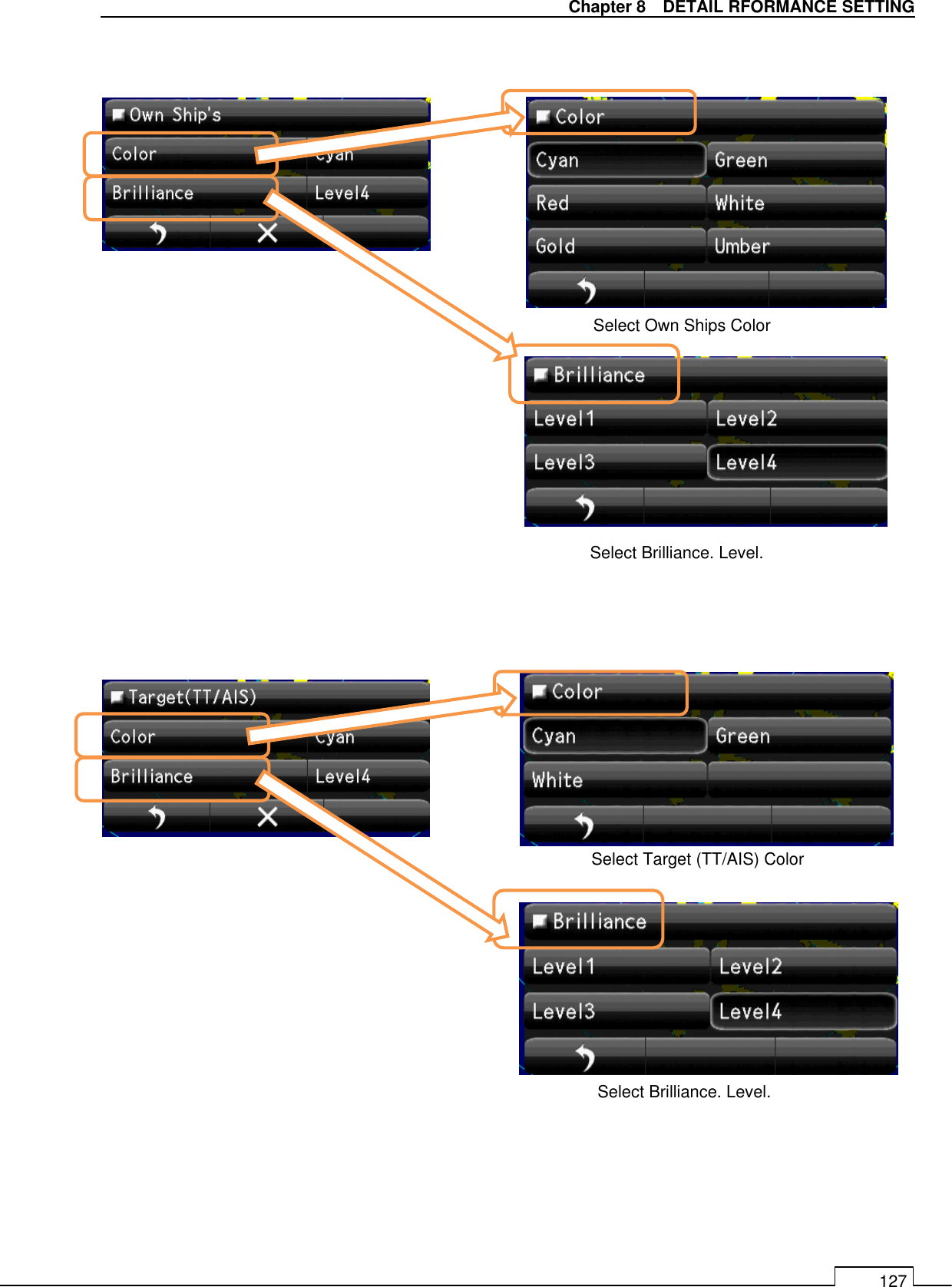   Chapter 8    DETAIL RFORMANCE SETTING 127                                       Select Brilliance. Level. Select Own Ships Color   Select Brilliance. Level. Select Target (TT/AIS) Color   