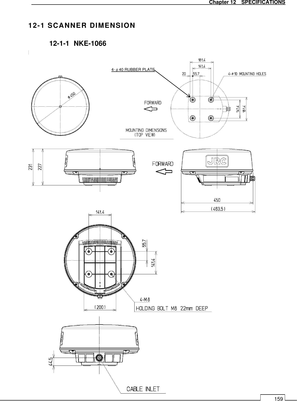   Chapter 12    SPECIFICATIONS 159  12-1 SCANNER DIMENSION 12-1-1   NKE-1066 NKE-1066    1.5ft scanner 4kw radome φ450mm     4-φ40 RUBBER PLATE 