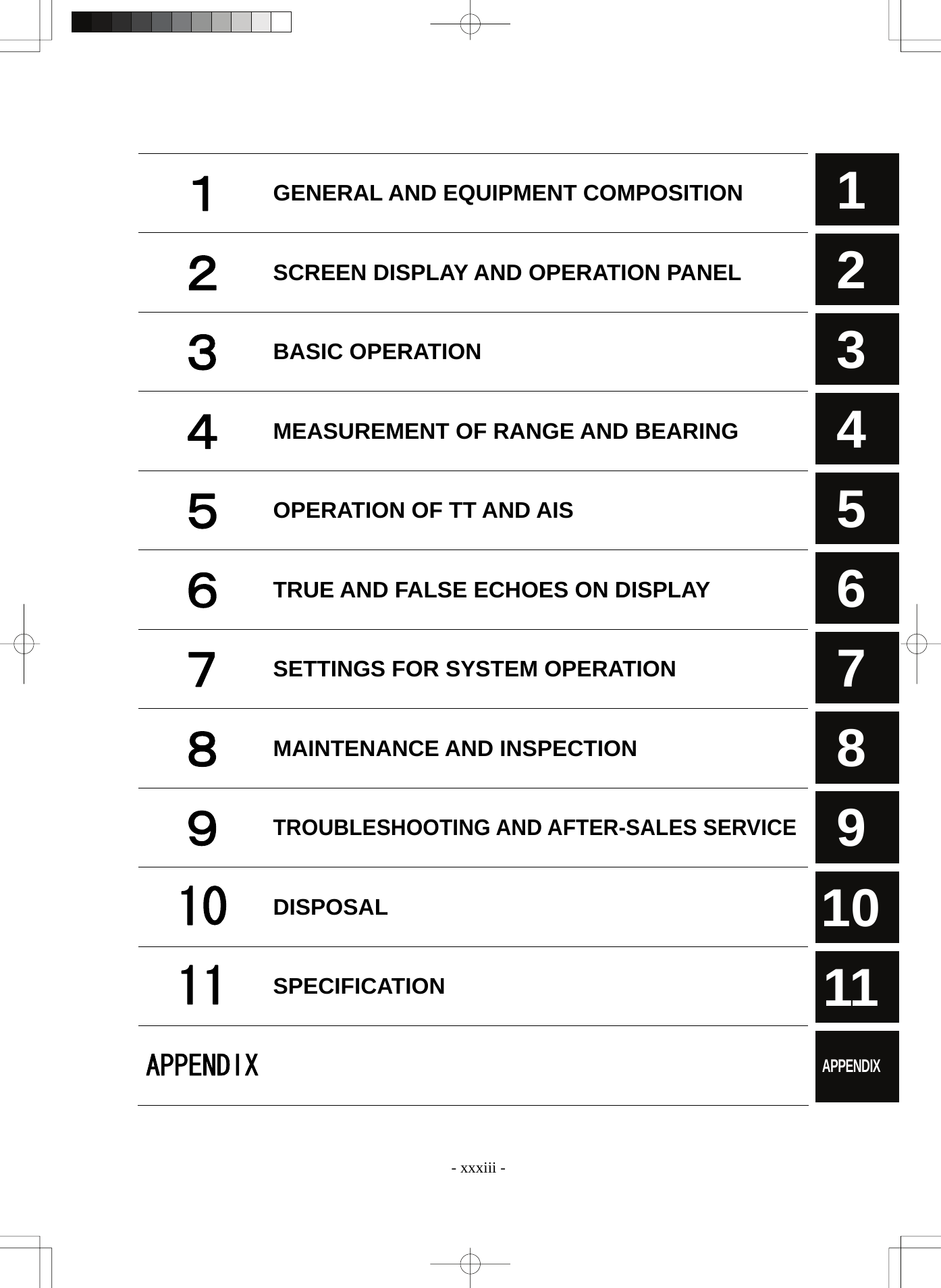   - xxxiii - 3 4 5 2 1 6 7 8 9 10 11 APPENDIX  １ GENERAL AND EQUIPMENT COMPOSITION ２ SCREEN DISPLAY AND OPERATION PANEL ３ BASIC OPERATION ４ MEASUREMENT OF RANGE AND BEARING   ５ OPERATION OF TT AND AIS ６ TRUE AND FALSE ECHOES ON DISPLAY   ７ SETTINGS FOR SYSTEM OPERATION ８ MAINTENANCE AND INSPECTION ９ TROUBLESHOOTING AND AFTER-SALES SERVICE10  DISPOSAL 11  SPECIFICATION APPENDIX   