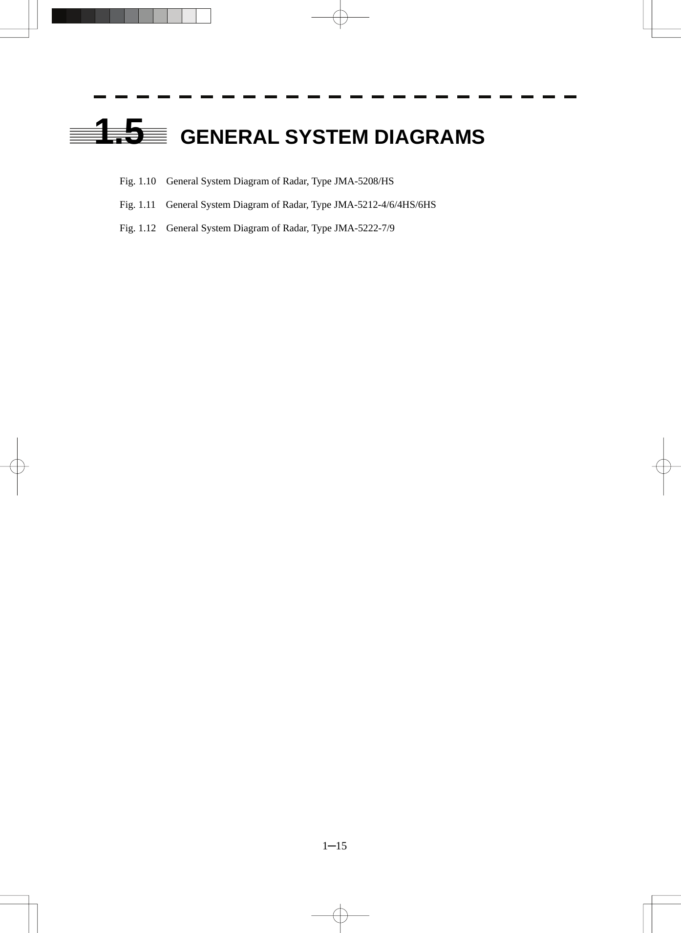 1─15 1.5  GENERAL SYSTEM DIAGRAMS   Fig. 1.10    General System Diagram of Radar, Type JMA-5208/HS  Fig. 1.11    General System Diagram of Radar, Type JMA-5212-4/6/4HS/6HS  Fig. 1.12    General System Diagram of Radar, Type JMA-5222-7/9     
