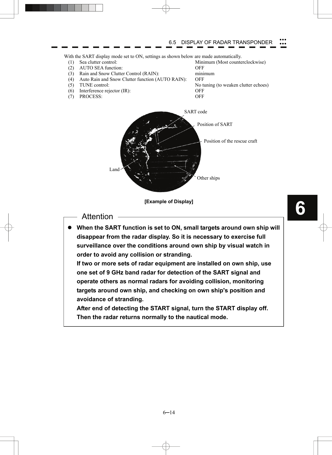 6.5  DISPLAY OF RADAR TRANSPONDER 6─14 6yyyyyyWith the SART display mode set to ON, settings as shown below are made automatically. (1)  Sea clutter control:  Minimum (Most counterclockwise) (2)  AUTO SEA function:  OFF (3)  Rain and Snow Clutter Control (RAIN):  minimum (4)  Auto Rain and Snow Clutter function (AUTO RAIN):  OFF (5)  TUNE control:  No tuning (to weaken clutter echoes) (6) Interference rejector (IR):  OFF (7) PROCESS:  OFF     [Example of Display]                            SART code Position of SART Position of the rescue craft Other ships Landz When the SART function is set to ON, small targets around own ship will disappear from the radar display. So it is necessary to exercise full surveillance over the conditions around own ship by visual watch in order to avoid any collision or stranding. If two or more sets of radar equipment are installed on own ship, use one set of 9 GHz band radar for detection of the SART signal and operate others as normal radars for avoiding collision, monitoring targets around own ship, and checking on own ship&apos;s position and avoidance of stranding. After end of detecting the START signal, turn the START display off. Then the radar returns normally to the nautical mode. Attention 