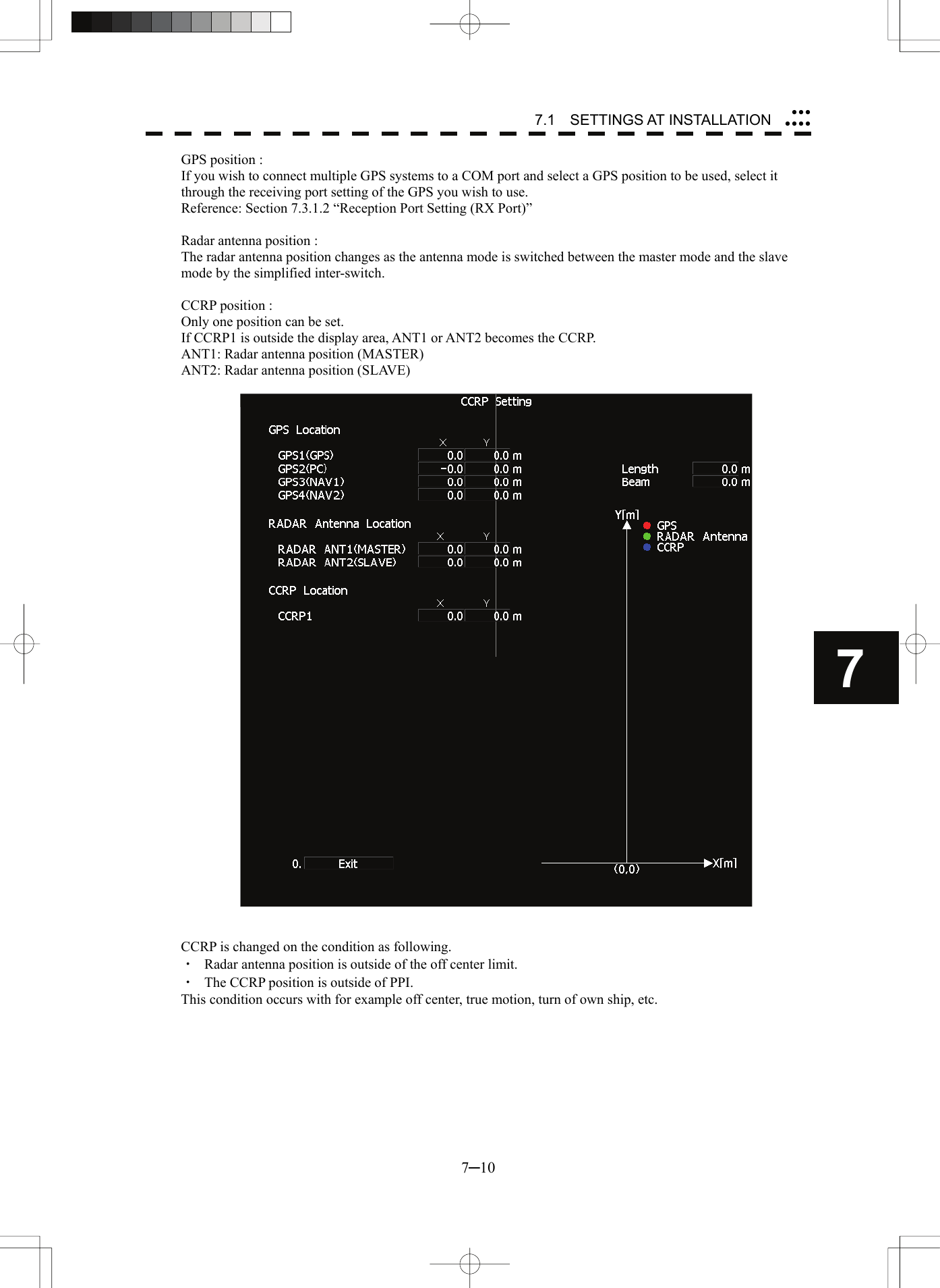 7.1  SETTINGS AT INSTALLATION 7─10 7yyyyyyyGPS position : If you wish to connect multiple GPS systems to a COM port and select a GPS position to be used, select it through the receiving port setting of the GPS you wish to use.     Reference: Section 7.3.1.2 “Reception Port Setting (RX Port)”  Radar antenna position : The radar antenna position changes as the antenna mode is switched between the master mode and the slave mode by the simplified inter-switch.  CCRP position : Only one position can be set. If CCRP1 is outside the display area, ANT1 or ANT2 becomes the CCRP. ANT1: Radar antenna position (MASTER) ANT2: Radar antenna position (SLAVE)     CCRP is changed on the condition as following. ・  Radar antenna position is outside of the off center limit. ・  The CCRP position is outside of PPI. This condition occurs with for example off center, true motion, turn of own ship, etc.     