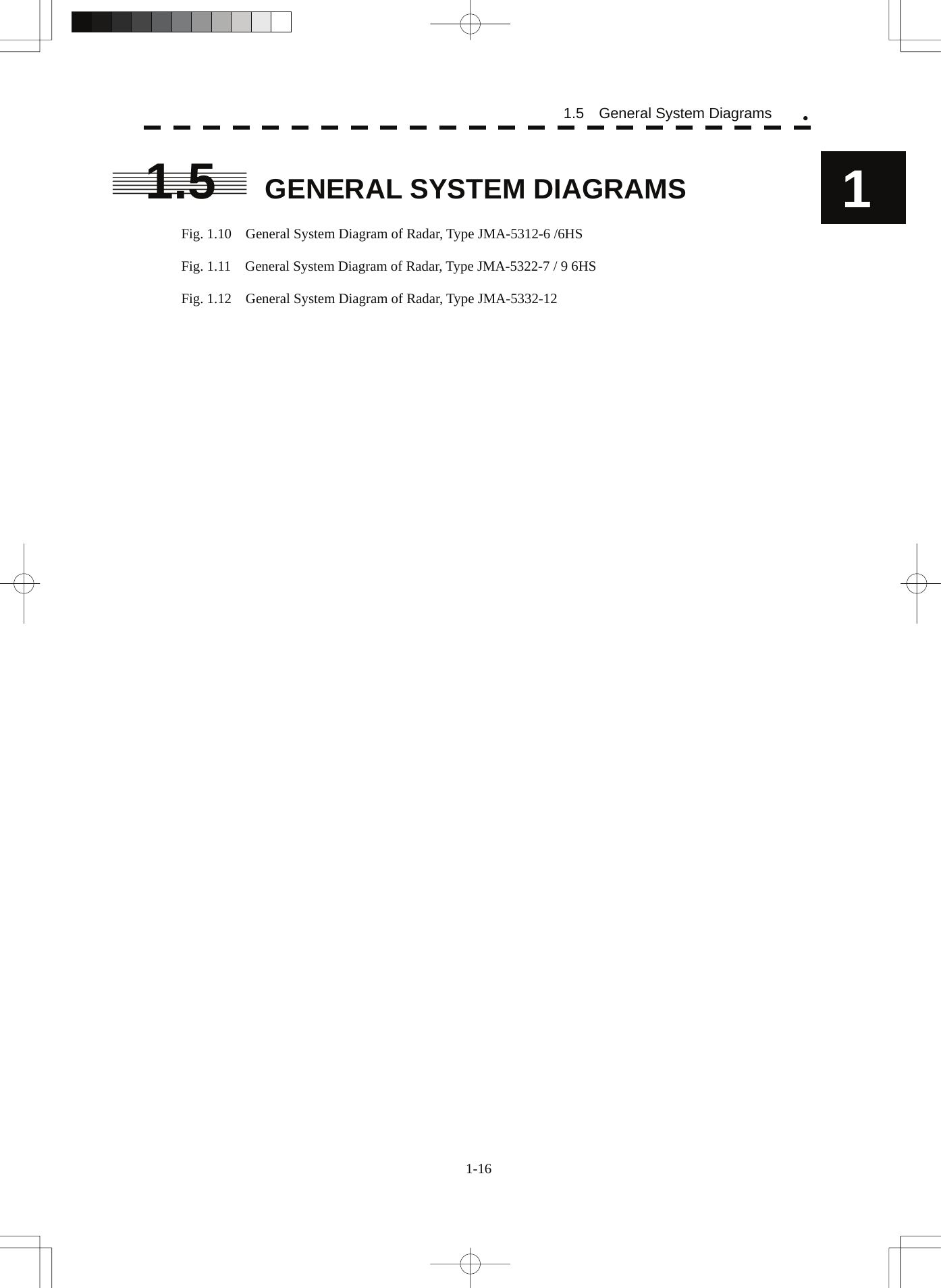  1.5  General System Diagrams y11.5  GENERAL SYSTEM DIAGRAMS  Fig. 1.10    General System Diagram of Radar, Type JMA-5312-6 /6HS  Fig. 1.11    General System Diagram of Radar, Type JMA-5322-7 / 9 6HS  Fig. 1.12    General System Diagram of Radar, Type JMA-5332-12  1-16 