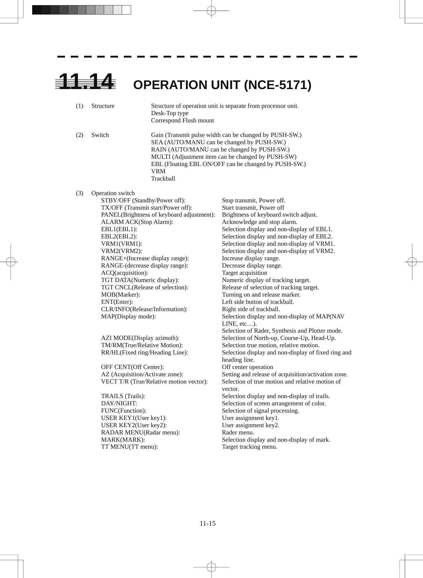  11.14 OPERATION UNIT (NCE-5171)  (1)  Structure  Structure of operation unit is separate from processor unit.    Desk-Top type     Correspond Flush mount  (2)  Switch  Gain (Transmit pulse width can be changed by PUSH-SW.)     SEA (AUTO/MANU can be changed by PUSH-SW.)     RAIN (AUTO/MANU can be changed by PUSH-SW.)     MULTI (Adjustment item can be changed by PUSH-SW)     EBL (Floating EBL ON/OFF can be changed by PUSH-SW.)    VRM    Trackball  (3) Operation switch STBY/OFF (Standby/Power off):  Stop transmit, Power off. TX/OFF (Transmit start/Power off):  Start transmit, Power off PANEL(Brightness of keyboard adjustment):  Brightness of keyboard switch adjust. ALARM ACK(Stop Alarm):  Acknowledge and stop alarm. EBL1(EBL1):  Selection display and non-display of EBL1. EBL2(EBL2):  Selection display and non-display of EBL2. VRM1(VRM1):  Selection display and non-display of VRM1. VRM2(VRM2):  Selection display and non-display of VRM2. RANGE+(Increase display range):  Increase display range. RANGE-(decrease display range):  Decrease display range. ACQ(acquisition): Target acquisition TGT DATA(Numeric display):  Numeric display of tracking target. TGT CNCL(Release of selection):  Release of selection of tracking target. MOB(Marker):  Turning on and release marker. ENT(Enter):  Left side button of trackball. CLR/INFO(Release/Information):  Right side of trackball. MAP(Display mode):  Selection display and non-display of MAP(NAV LINE, etc…).   Selection of Rader, Synthesis and Plotter mode. AZI MODE(Display azimuth):  Selection of North-up, Course-Up, Head-Up. TM/RM(True/Relative Motion):  Selection true motion, relative motion. RR/HL(Fixed ring/Heading Line):  Selection display and non-display of fixed ring and heading line. OFF CENT(Off Center):  Off center operation AZ (Acquisition/Activate zone):  Setting and release of acquisition/activation zone. VECT T/R (True/Relative motion vector):  Selection of true motion and relative motion of vector. TRAILS (Trails):  Selection display and non-display of trails. DAY/NIGHT: Selection of screen arrangement of color. FUNC(Function):  Selection of signal processing. USER KEY1(User key1):  User assignment key1. USER KEY2(User key2):  User assignment key2. RADAR MENU(Radar menu):  Rader menu. MARK(MARK):  Selection display and non-display of mark. TT MENU(TT menu):  Target tracking menu.   11-15 
