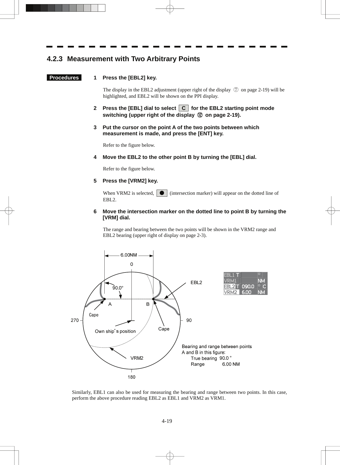  4.2.3  Measurement with Two Arbitrary Points    Procedures   1  Press the [EBL2] key.  The display in the EBL2 adjustment (upper right of the display  ⑦  on page 2-19) will be highlighted, and EBL2 will be shown on the PPI display.    2  Press the [EBL] dial to select    C    for the EBL2 starting point mode switching (upper right of the display  ⑫  on page 2-19).    3  Put the cursor on the point A of the two points between which measurement is made, and press the [ENT] key.  Refer to the figure below.    4  Move the EBL2 to the other point B by turning the [EBL] dial.  Refer to the figure below.    5  Press the [VRM2] key.  When VRM2 is selected,    ●    (intersection marker) will appear on the dotted line of EBL2.    6  Move the intersection marker on the dotted line to point B by turning the [VRM] dial.  The range and bearing between the two points will be shown in the VRM2 range and EBL2 bearing (upper right of display on page 2-3).     Similarly, EBL1 can also be used for measuring the bearing and range between two points. In this case, perform the above procedure reading EBL2 as EBL1 and VRM2 as VRM1. 4-19 