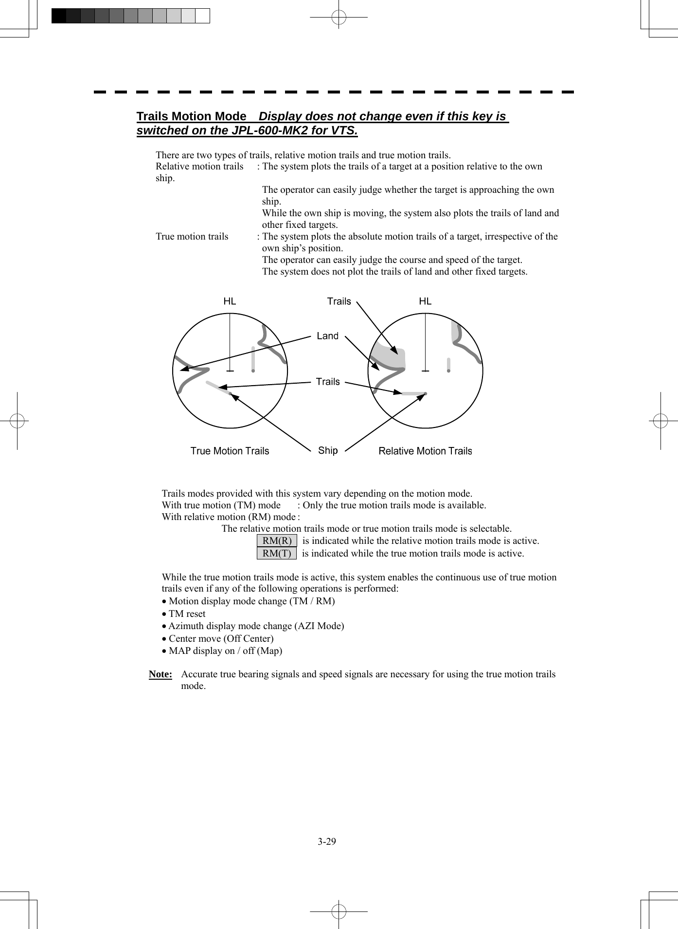  3-29 Trails Motion Mode    Display does not change even if this key is switched on the JPL-600-MK2 for VTS.  There are two types of trails, relative motion trails and true motion trails. Relative motion trails  : The system plots the trails of a target at a position relative to the own ship.         The operator can easily judge whether the target is approaching the own     ship.         While the own ship is moving, the system also plots the trails of land and       other fixed targets. True motion trails  : The system plots the absolute motion trails of a target, irrespective of the     own ship’s position.         The operator can easily judge the course and speed of the target.         The system does not plot the trails of land and other fixed targets.     Trails modes provided with this system vary depending on the motion mode. With true motion (TM) mode  : Only the true motion trails mode is available. With relative motion (RM) mode :       The relative motion trails mode or true motion trails mode is selectable.         RM(R)    is indicated while the relative motion trails mode is active.         RM(T)    is indicated while the true motion trails mode is active.  While the true motion trails mode is active, this system enables the continuous use of true motion trails even if any of the following operations is performed: • Motion display mode change (TM / RM) • TM reset • Azimuth display mode change (AZI Mode) • Center move (Off Center) • MAP display on / off (Map)  Note:  Accurate true bearing signals and speed signals are necessary for using the true motion trails mode.   