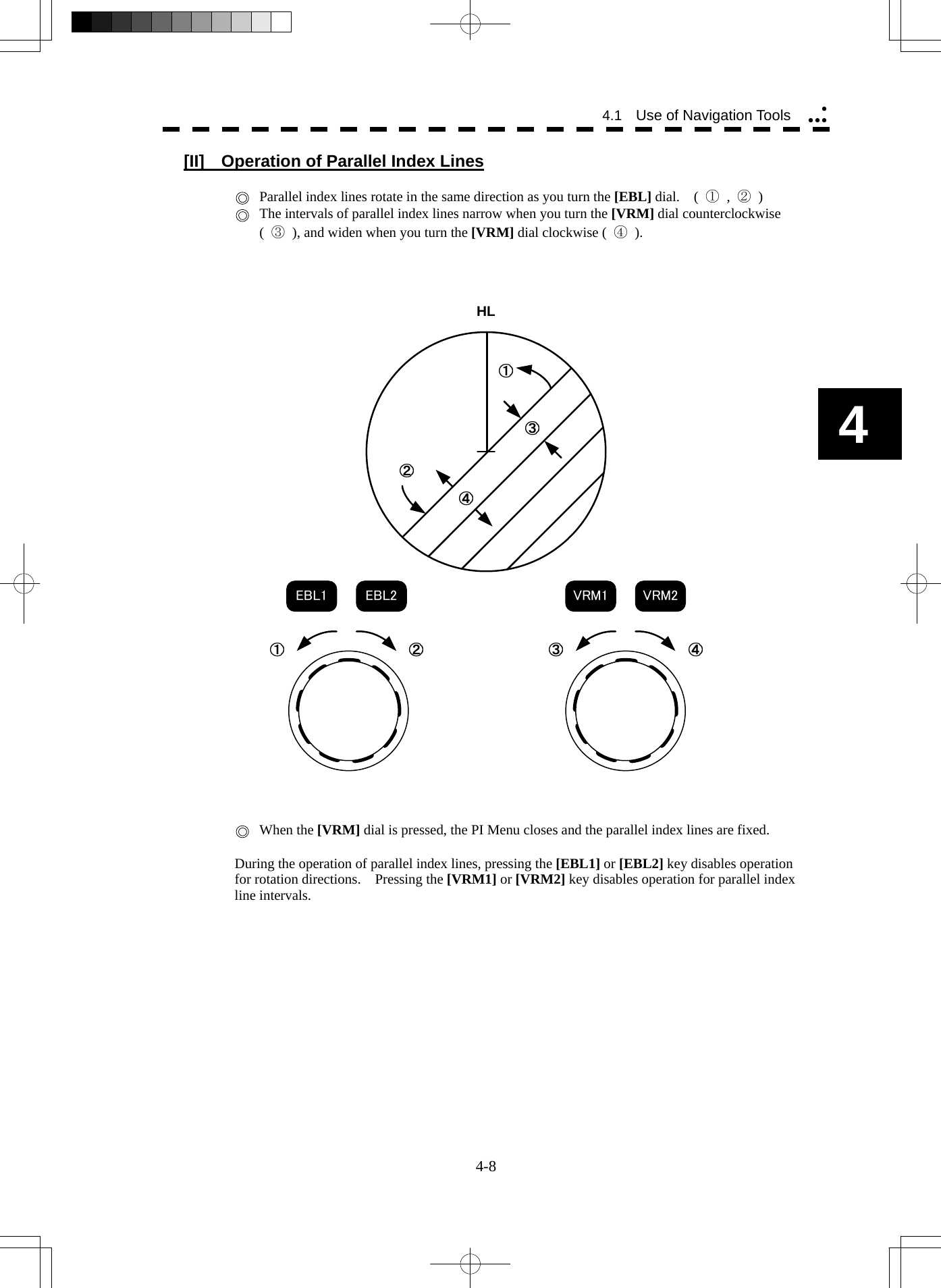   4-8 4.1  Use of Navigation Tools yyyy4 [II]    Operation of Parallel Index Lines     Parallel index lines rotate in the same direction as you turn the [EBL] dial.    (  ① , ② )    The intervals of parallel index lines narrow when you turn the [VRM] dial counterclockwise (  ③  ), and widen when you turn the [VRM] dial clockwise ( ④ ).    HLEBL1 EBL2 VRM1 VRM2       When the [VRM] dial is pressed, the PI Menu closes and the parallel index lines are fixed.  During the operation of parallel index lines, pressing the [EBL1] or [EBL2] key disables operation for rotation directions.    Pressing the [VRM1] or [VRM2] key disables operation for parallel index line intervals.    