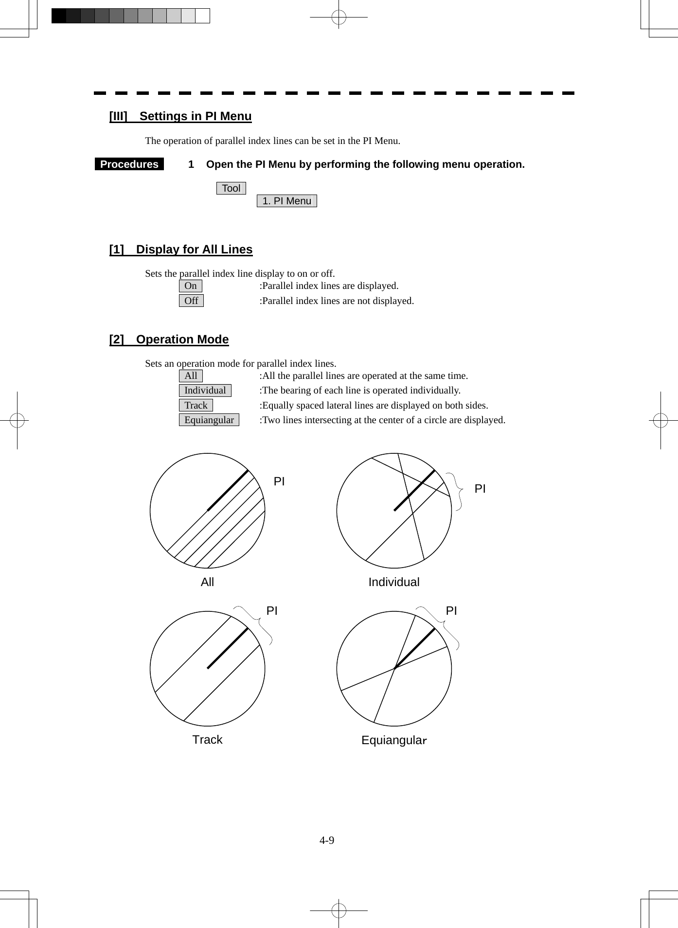  4-9 [III]  Settings in PI Menu  The operation of parallel index lines can be set in the PI Menu.   Procedures   1  Open the PI Menu by performing the following menu operation.         Tool       1. PI Menu     [1]  Display for All Lines    Sets the parallel index line display to on or off.   On    :Parallel index lines are displayed.   Off    :Parallel index lines are not displayed.   [2]  Operation Mode  Sets an operation mode for parallel index lines.   All    :All the parallel lines are operated at the same time.   Individual    :The bearing of each line is operated individually.   Track    :Equally spaced lateral lines are displayed on both sides.   Equiangular    :Two lines intersecting at the center of a circle are displayed.   All IndividualTrack EquiangulaｒPIPI PIPI 