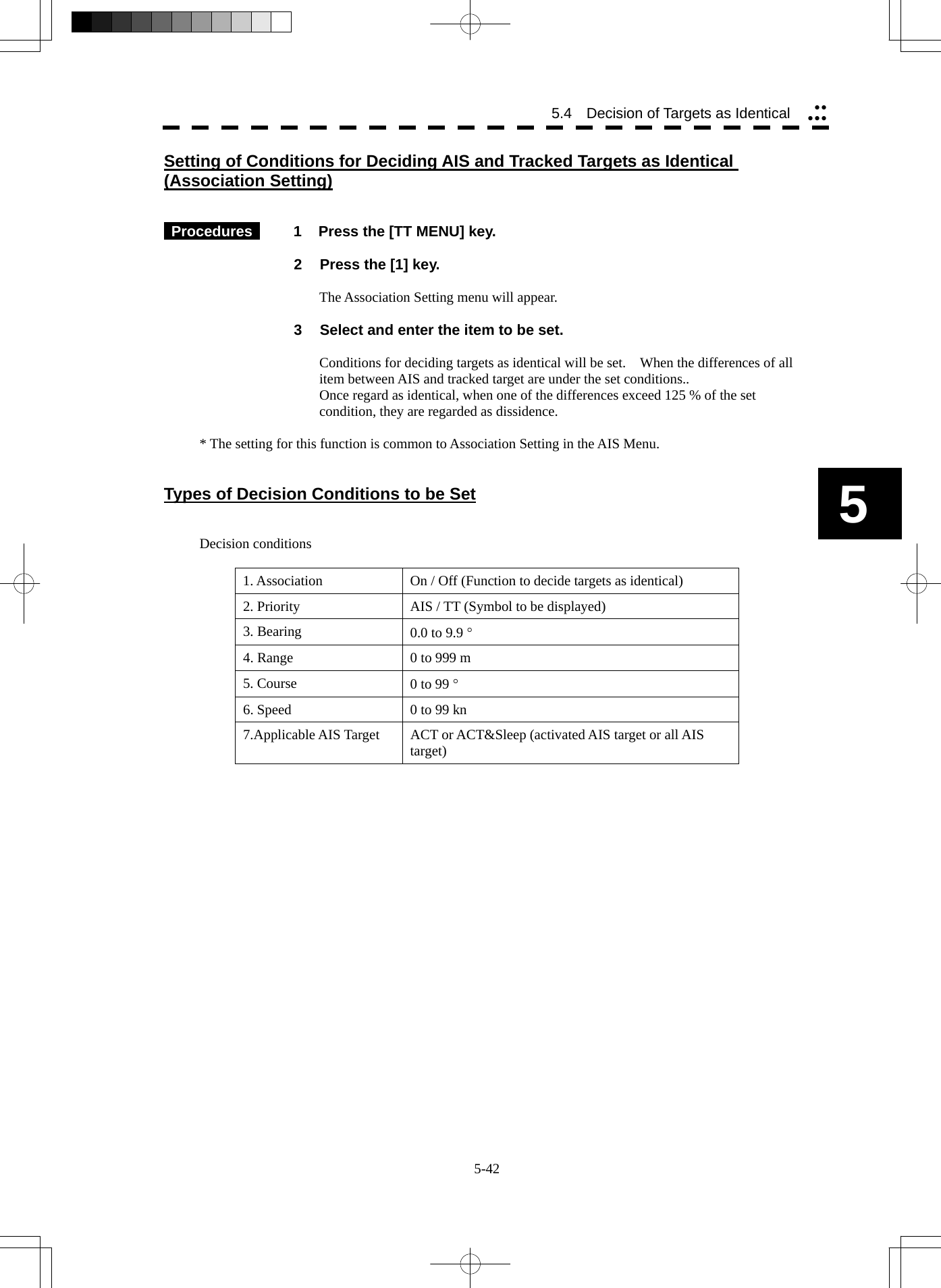  5-42 5.4   Decision of Targets as Identical  yyyyy5 Setting of Conditions for Deciding AIS and Tracked Targets as Identical (Association Setting)    Procedures   1  Press the [TT MENU] key.  2  Press the [1] key.  The Association Setting menu will appear.  3  Select and enter the item to be set.  Conditions for deciding targets as identical will be set.    When the differences of all item between AIS and tracked target are under the set conditions.. Once regard as identical, when one of the differences exceed 125 % of the set condition, they are regarded as dissidence.  * The setting for this function is common to Association Setting in the AIS Menu.   Types of Decision Conditions to be Set   Decision conditions  1. Association  On / Off (Function to decide targets as identical) 2. Priority    AIS / TT (Symbol to be displayed) 3. Bearing  0.0 to 9.9 ° 4. Range  0 to 999 m 5. Course    0 to 99 ° 6. Speed    0 to 99 kn 7.Applicable AIS Target  ACT or ACT&amp;Sleep (activated AIS target or all AIS target)   