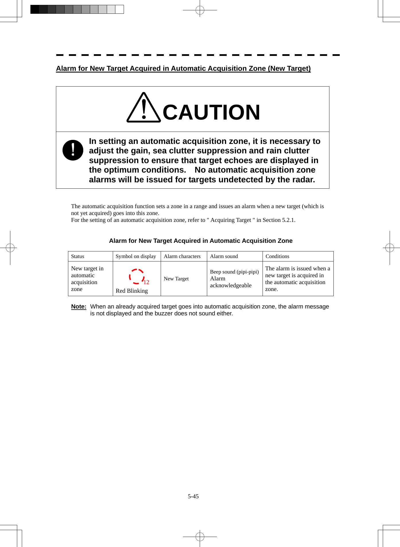  5-45 Alarm for New Target Acquired in Automatic Acquisition Zone (New Target)   CAUTION In setting an automatic acquisition zone, it is necessary to adjust the gain, sea clutter suppression and rain clutter suppression to ensure that target echoes are displayed in the optimum conditions.    No automatic acquisition zone alarms will be issued for targets undetected by the radar.   The automatic acquisition function sets a zone in a range and issues an alarm when a new target (which is not yet acquired) goes into this zone. For the setting of an automatic acquisition zone, refer to &quot; Acquiring Target &quot; in Section 5.2.1.   Alarm for New Target Acquired in Automatic Acquisition Zone  Status  Symbol on display Alarm characters  Alarm sound  Conditions New target in automatic acquisition zone    Red Blinking New Target  Beep sound (pipi-pipi) Alarm acknowledgeable The alarm is issued when a new target is acquired in the automatic acquisition zone.  Note: When an already acquired target goes into automatic acquisition zone, the alarm message is not displayed and the buzzer does not sound either. 12 