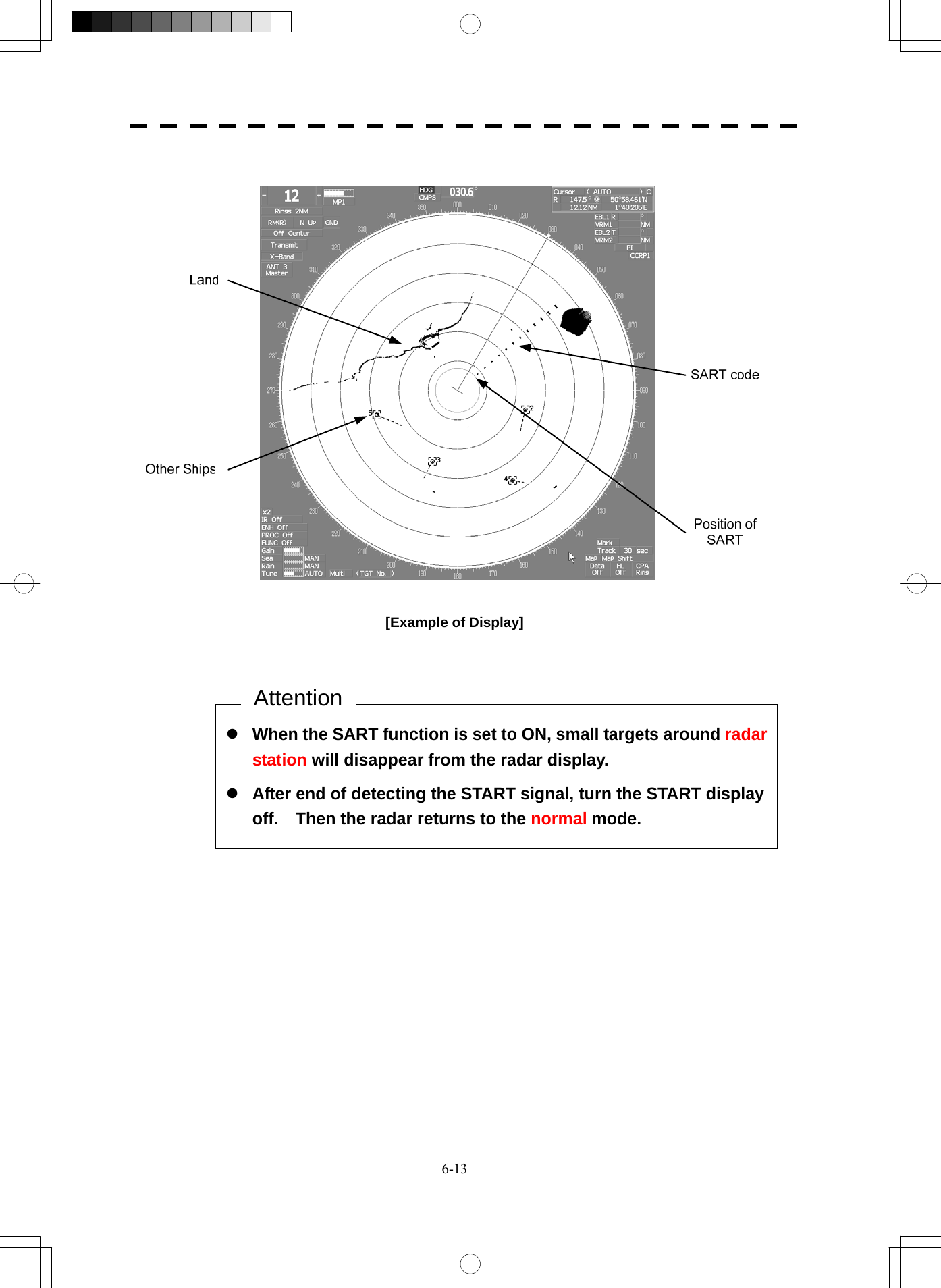  6-13 z When the SART function is set to ON, small targets around radar station will disappear from the radar display.     z After end of detecting the START signal, turn the START display off.    Then the radar returns to the normal mode.     [Example of Display]      Attention 