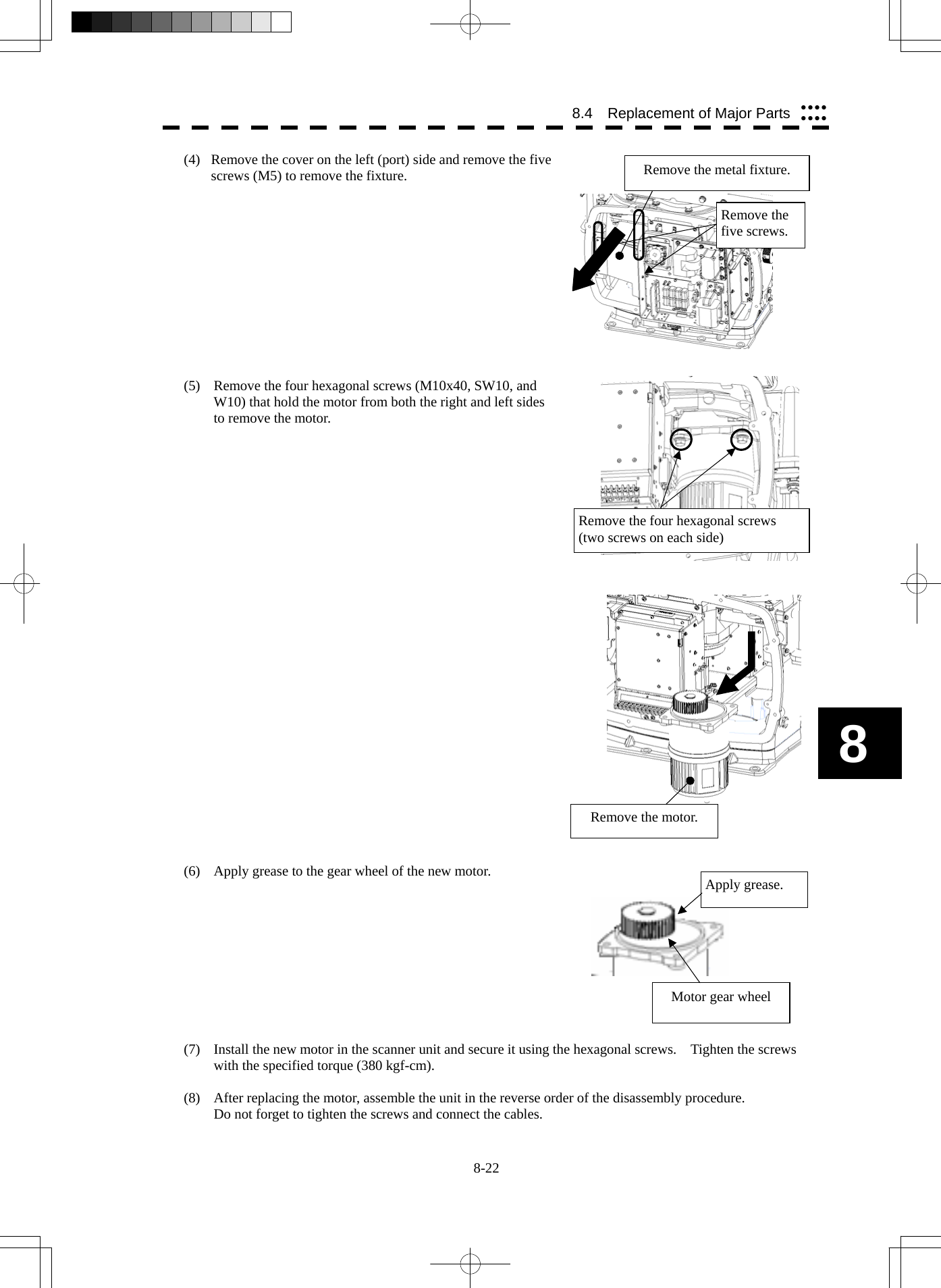  8-22 8 8.4    Replacement of Major Parts yyyyyyyy(4)  Remove the cover on the left (port) side and remove the five screws (M5) to remove the fixture.             (5)  Remove the four hexagonal screws (M10x40, SW10, and W10) that hold the motor from both the right and left sides to remove the motor.                            (6)  Apply grease to the gear wheel of the new motor.           (7)  Install the new motor in the scanner unit and secure it using the hexagonal screws.    Tighten the screws with the specified torque (380 kgf-cm).  (8)  After replacing the motor, assemble the unit in the reverse order of the disassembly procedure. Do not forget to tighten the screws and connect the cables. Remove the metal fixture. Remove the five screws. Remove the four hexagonal screws (two screws on each side) Remove the motor. Apply grease. Motor gear wheel 