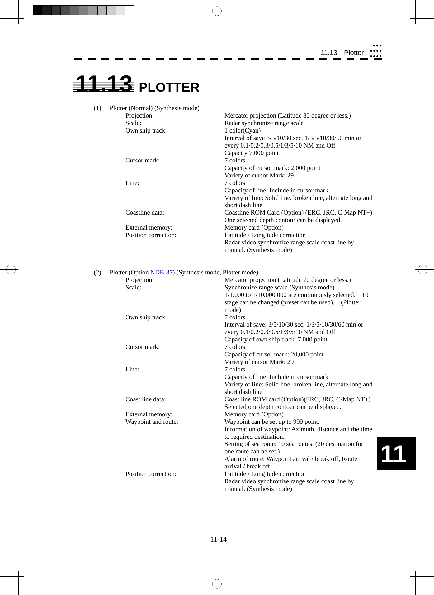  11-14 11.13  Plotteryyyyyyyyyyy11 11.13 PLOTTER  (1)  Plotter (Normal) (Synthesis mode) Projection:  Mercator projection (Latitude 85 degree or less.) Scale:  Radar synchronize range scale Own ship track:  1 color(Cyan) Interval of save 3/5/10/30 sec, 1/3/5/10/30/60 min or every 0.1/0.2/0.3/0.5/1/3/5/10 NM and Off Capacity 7,000 point Cursor mark:  7 colors Capacity of cursor mark: 2,000 point Variety of cursor Mark: 29 Line: 7 colors Capacity of line: Include in cursor mark Variety of line: Solid line, broken line, alternate long and short dash line Coastline data:  Coastline ROM Card (Option) (ERC, JRC, C-Map NT+) One selected depth contour can be displayed. External memory:  Memory card (Option) Position correction:  Latitude / Longitude correction Radar video synchronize range scale coast line by manual. (Synthesis mode)   (2) Plotter (Option NDB-37) (Synthesis mode, Plotter mode) Projection:  Mercator projection (Latitude 70 degree or less.) Scale:  Synchronize range scale (Synthesis mode) 1/1,000 to 1/10,000,000 are continuously selected.    10 stage can be changed (preset can be used).    (Plotter mode) Own ship track:  7 colors. Interval of save: 3/5/10/30 sec, 1/3/5/10/30/60 min or every 0.1/0.2/0.3/0.5/1/3/5/10 NM and Off Capacity of own ship track: 7,000 point Cursor mark:  7 colors Capacity of cursor mark: 20,000 point Variety of cursor Mark: 29 Line: 7 colors Capacity of line: Include in cursor mark Variety of line: Solid line, broken line, alternate long and short dash line Coast line data:  Coast line ROM card (Option)(ERC, JRC, C-Map NT+) Selected one depth contour can be displayed. External memory:  Memory card (Option) Waypoint and route:  Waypoint can be set up to 999 point. Information of waypoint: Azimuth, distance and the time to required destination. Setting of sea route: 10 sea routes. (20 destination for one route can be set.) Alarm of route: Waypoint arrival / break off, Route arrival / break off Position correction:  Latitude / Longitude correction Radar video synchronize range scale coast line by manual. (Synthesis mode)  
