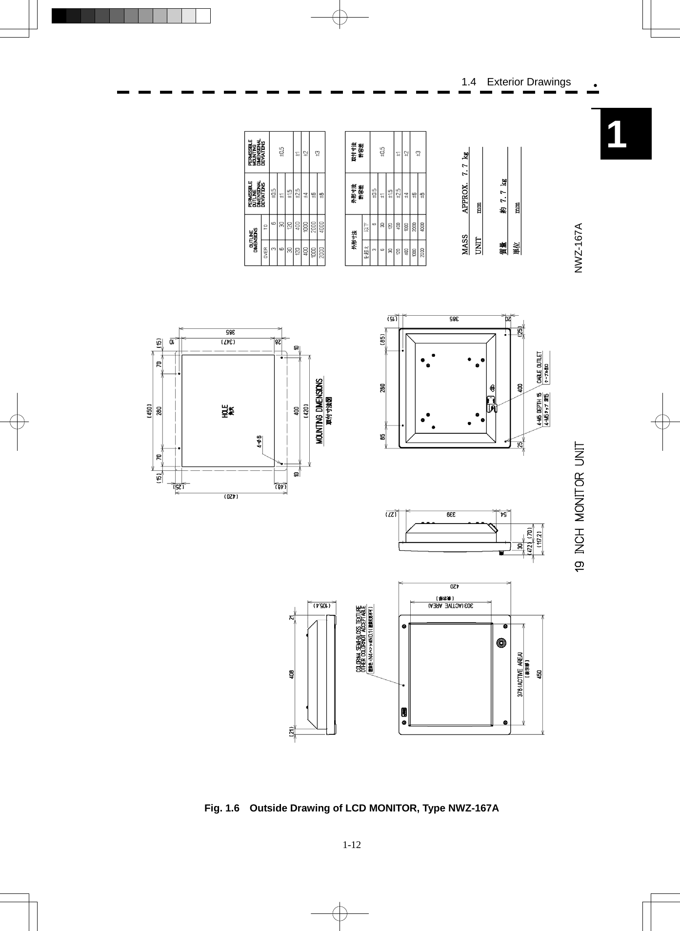  1-12 1.4  Exterior Drawings y1   Fig. 1.6    Outside Drawing of LCD MONITOR, Type NWZ-167A NWZ-167A 