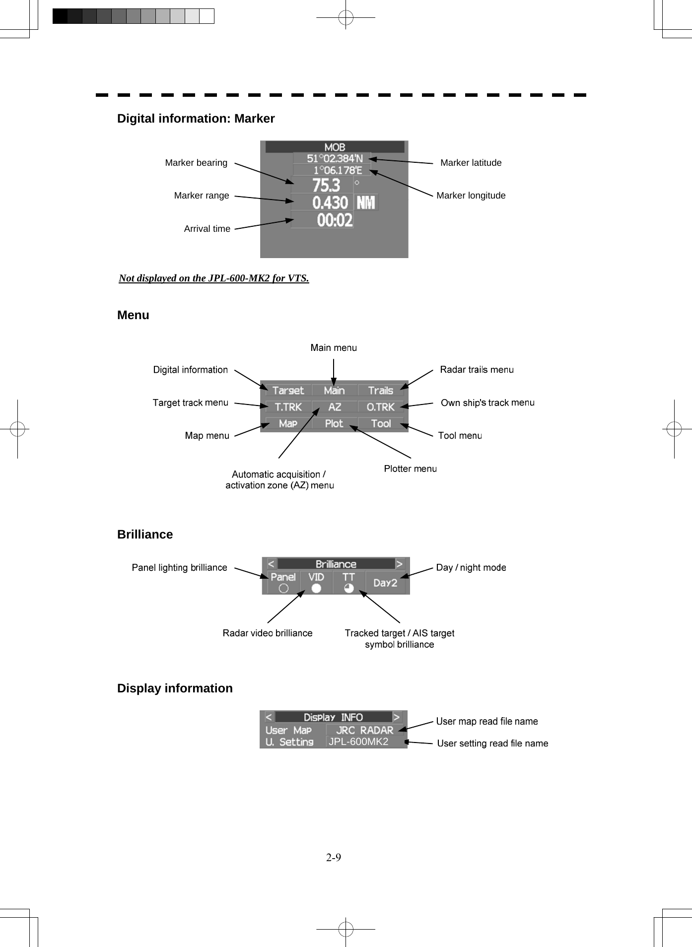  2-9 Digital information: Marker  Marker longitudeMarker latitudeMarker rangeMarker bearingArrival time  Not displayed on the JPL-600-MK2 for VTS.   Menu     Brilliance     Display information     JPL-600MK2