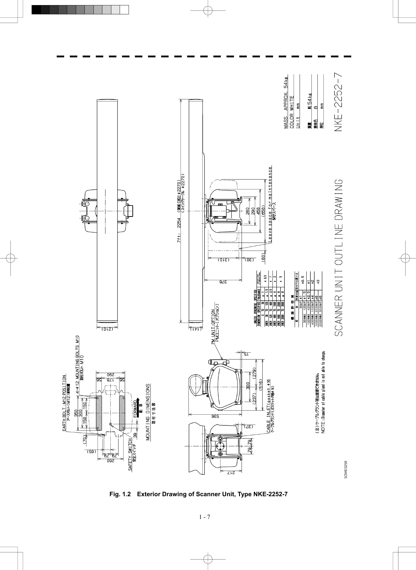   1 - 7  Fig. 1.2    Exterior Drawing of Scanner Unit, Type NKE-2252-7 