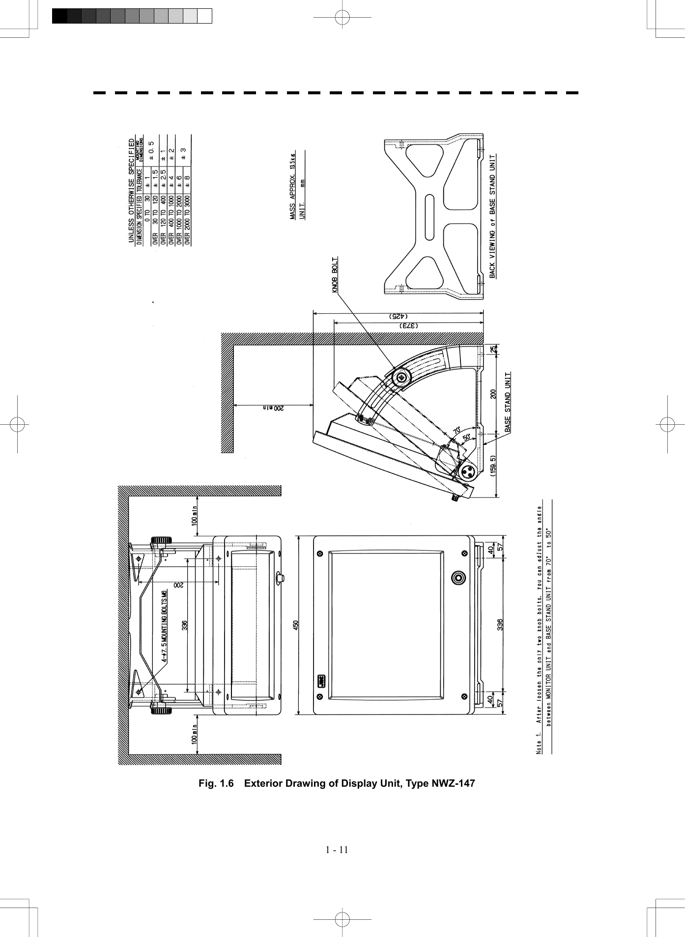  1 - 11    Fig. 1.6    Exterior Drawing of Display Unit, Type NWZ-147  