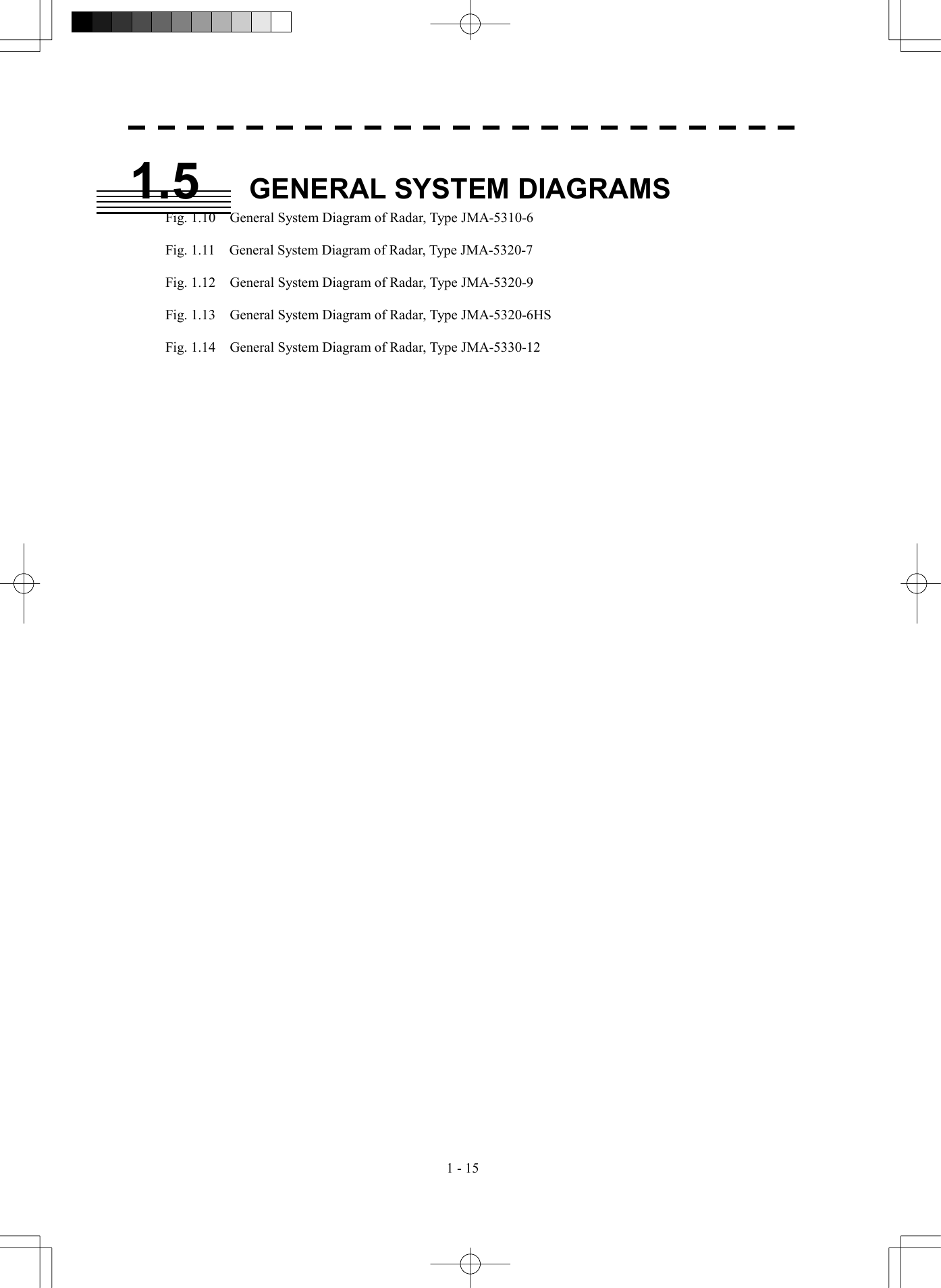   1 - 15 1.5  GENERAL SYSTEM DIAGRAMS Fig. 1.10    General System Diagram of Radar, Type JMA-5310-6  Fig. 1.11    General System Diagram of Radar, Type JMA-5320-7  Fig. 1.12    General System Diagram of Radar, Type JMA-5320-9  Fig. 1.13    General System Diagram of Radar, Type JMA-5320-6HS  Fig. 1.14    General System Diagram of Radar, Type JMA-5330-12 