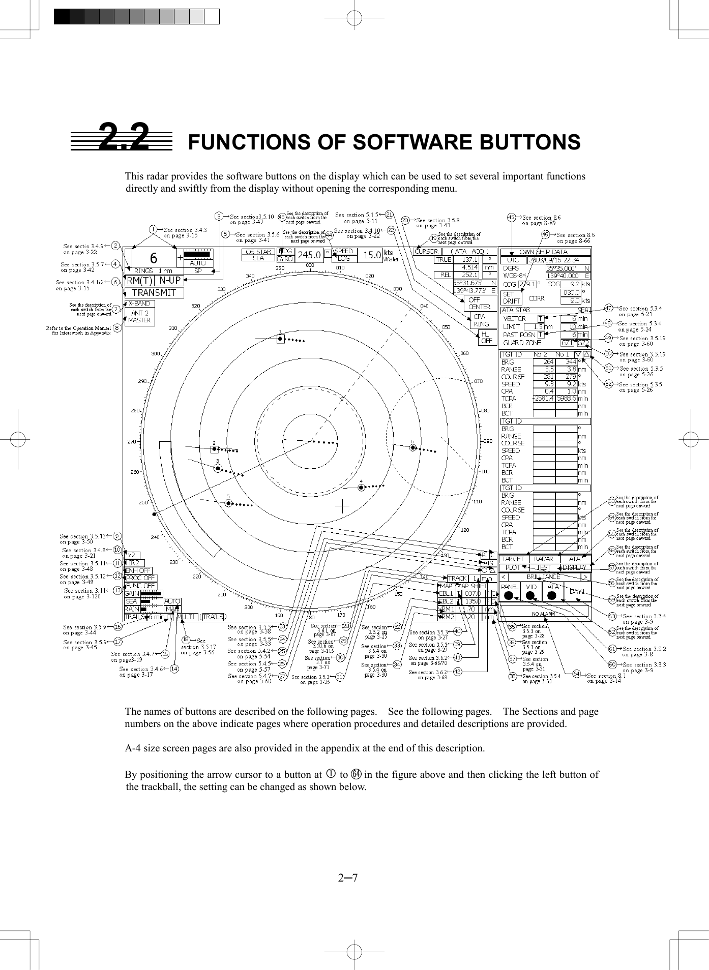  2─7 2.2  FUNCTIONS OF SOFTWARE BUTTONS  This radar provides the software buttons on the display which can be used to set several important functions directly and swiftly from the display without opening the corresponding menu.                                           The names of buttons are described on the following pages.    See the following pages.    The Sections and page numbers on the above indicate pages where operation procedures and detailed descriptions are provided.  A-4 size screen pages are also provided in the appendix at the end of this description.  By positioning the arrow cursor to a button at  to      in the figure above and then clicking the left button of the trackball, the setting can be changed as shown below. 64