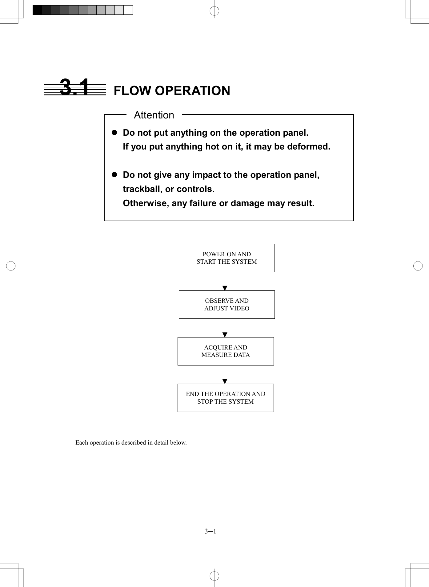  3─1  3.1 FLOW OPERATION                                         Each operation is described in detail below.     l Do not put anything on the operation panel. If you put anything hot on it, it may be deformed.  l Do not give any impact to the operation panel, trackball, or controls. Otherwise, any failure or damage may result. AttentionPOWER ON AND START THE SYSTEM OBSERVE AND   ADJUST VIDEO ACQUIRE AND   MEASURE DATA END THE OPERATION AND STOP THE SYSTEM 