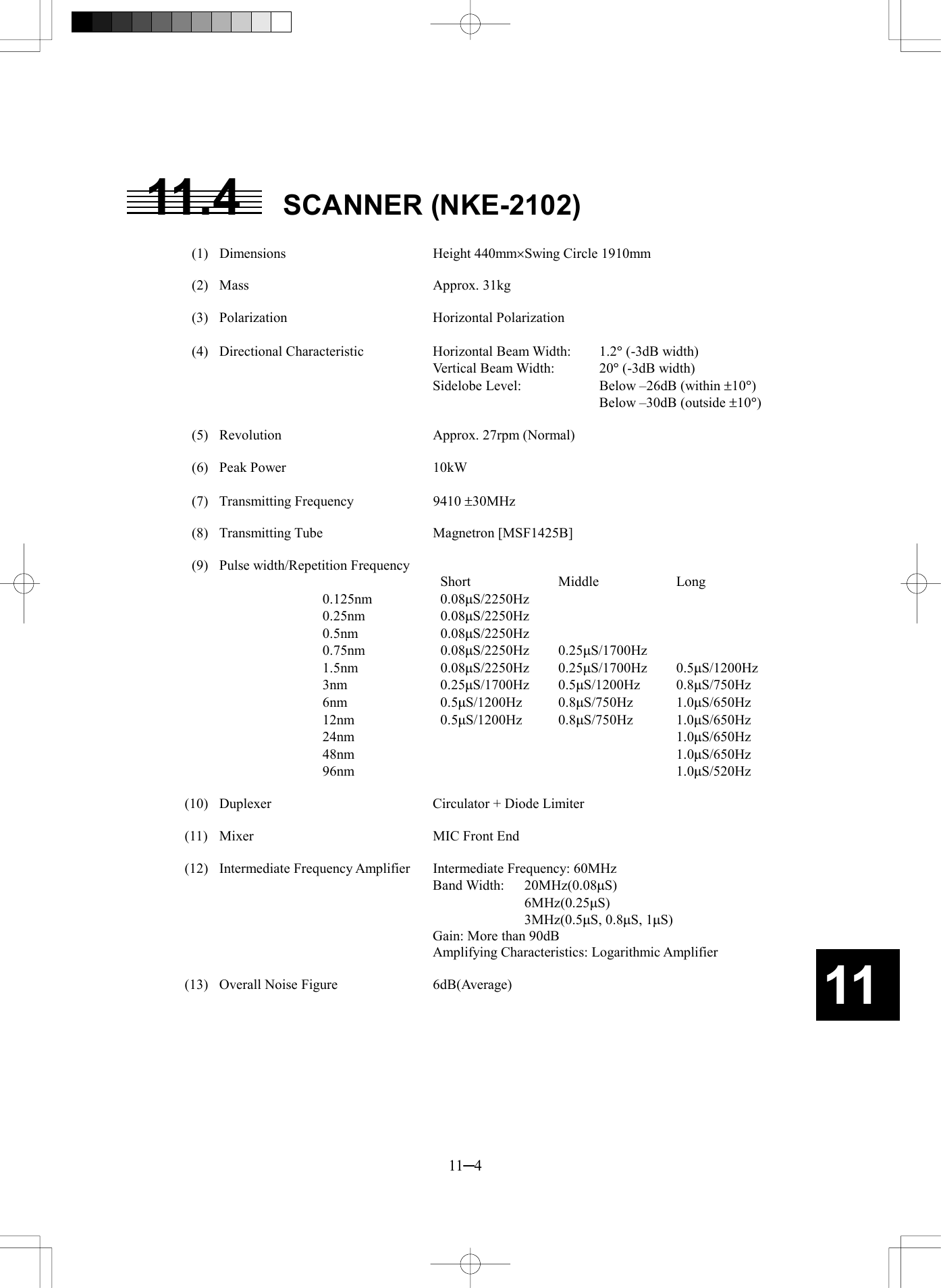   11─4 11 11.4 SCANNER (NKE-2102)   (1)  Dimensions  Height 440mm´Swing Circle 1910mm   (2)  Mass  Approx. 31kg   (3)  Polarization  Horizontal Polarization   (4)  Directional Characteristic  Horizontal Beam Width:  1.2° (-3dB width)    Vertical Beam Width:  20° (-3dB width)     Sidelobe Level:  Below –26dB (within ±10°)       Below –30dB (outside ±10°)    (5)  Revolution  Approx. 27rpm (Normal)   (6)  Peak Power  10kW   (7)  Transmitting Frequency  9410 ±30MHz   (8)  Transmitting Tube  Magnetron [MSF1425B]    (9)  Pulse width/Repetition Frequency      Short  Middle  Long 0.125nm   0.08mS/2250Hz 0.25nm   0.08mS/2250Hz 0.5nm   0.08mS/2250Hz 0.75nm   0.08mS/2250Hz 0.25mS/1700Hz 1.5nm   0.08mS/2250Hz 0.25mS/1700Hz 0.5mS/1200Hz 3nm   0.25mS/1700Hz 0.5mS/1200Hz 0.8mS/750Hz 6nm   0.5mS/1200Hz 0.8mS/750Hz 1.0mS/650Hz 12nm   0.5mS/1200Hz 0.8mS/750Hz 1.0mS/650Hz 24nm      1.0mS/650Hz 48nm      1.0mS/650Hz 96nm      1.0mS/520Hz  (10)  Duplexer  Circulator + Diode Limiter  (11)  Mixer  MIC Front End  (12)  Intermediate Frequency Amplifier  Intermediate Frequency: 60MHz    Band Width: 20MHz(0.08mS)      6MHz(0.25mS)      3MHz(0.5mS, 0.8mS, 1mS)     Gain: More than 90dB     Amplifying Characteristics: Logarithmic Amplifier  (13)  Overall Noise Figure  6dB(Average) 