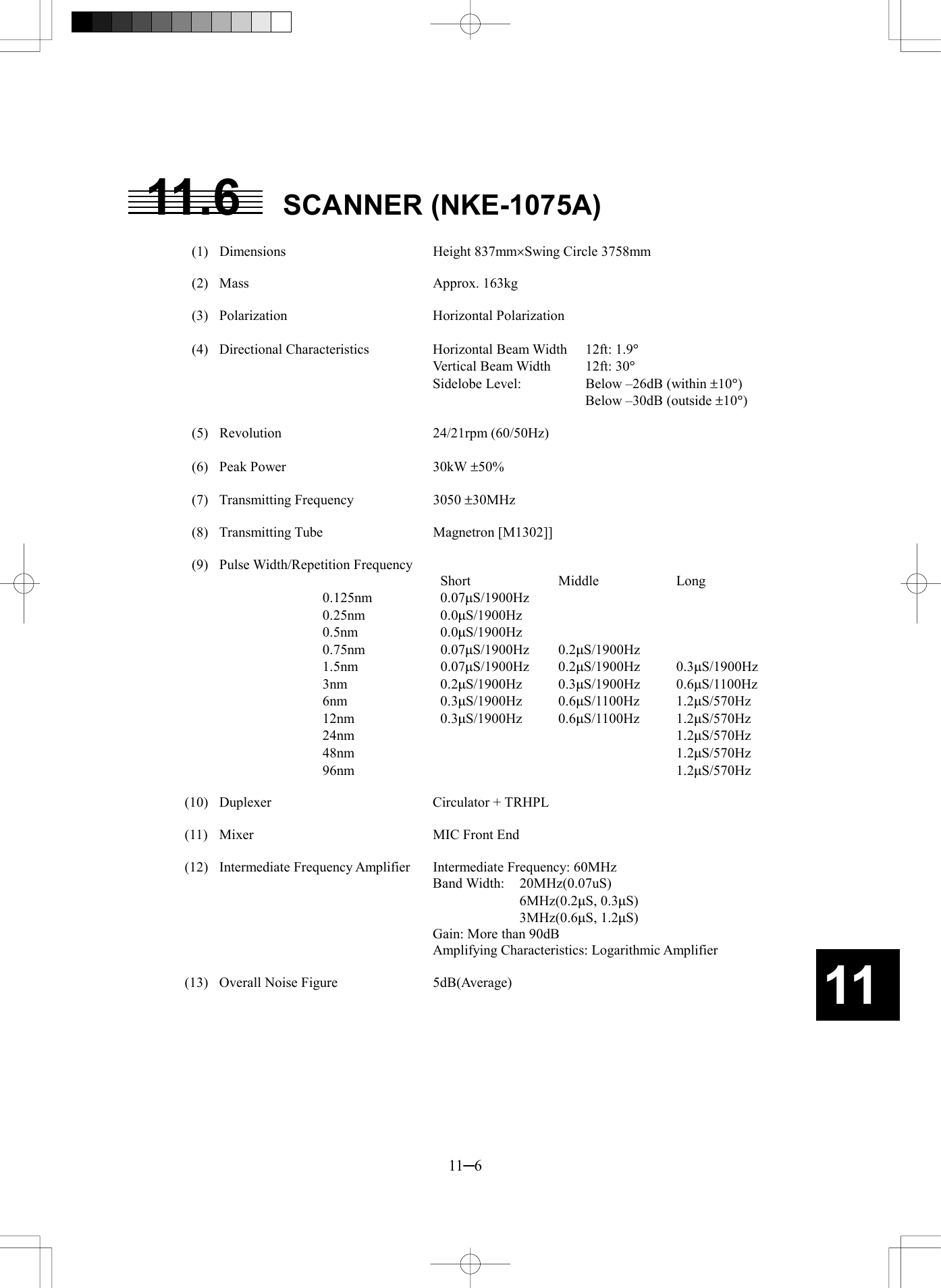   11─6 11 11.6 SCANNER (NKE-1075A)    (1)  Dimensions  Height 837mm´Swing Circle 3758mm   (2)  Mass  Approx. 163kg   (3)  Polarization  Horizontal Polarization   (4)  Directional Characteristics  Horizontal Beam Width  12ft: 1.9° Vertical Beam Width  12ft: 30°     Sidelobe Level:    Below –26dB (within ±10°)       Below –30dB (outside ±10°)   (5)  Revolution  24/21rpm (60/50Hz)   (6)  Peak Power  30kW ±50%   (7)  Transmitting Frequency  3050 ±30MHz   (8)  Transmitting Tube  Magnetron [M1302]]   (9)  Pulse Width/Repetition Frequency      Short  Middle  Long 0.125nm   0.07mS/1900Hz 0.25nm   0.0mS/1900Hz 0.5nm   0.0mS/1900Hz 0.75nm   0.07mS/1900Hz 0.2mS/1900Hz 1.5nm   0.07mS/1900Hz 0.2mS/1900Hz 0.3mS/1900Hz 3nm   0.2mS/1900Hz 0.3mS/1900Hz 0.6mS/1100Hz 6nm   0.3mS/1900Hz 0.6mS/1100Hz 1.2mS/570Hz 12nm   0.3mS/1900Hz 0.6mS/1100Hz 1.2mS/570Hz 24nm      1.2mS/570Hz 48nm      1.2mS/570Hz 96nm      1.2mS/570Hz  (10) Duplexer  Circulator + TRHPL  (11)  Mixer  MIC Front End  (12)  Intermediate Frequency Amplifier  Intermediate Frequency: 60MHz    Band Width: 20MHz(0.07uS)      6MHz(0.2mS, 0.3mS)      3MHz(0.6mS, 1.2mS)     Gain: More than 90dB     Amplifying Characteristics: Logarithmic Amplifier  (13)  Overall Noise Figure  5dB(Average)   