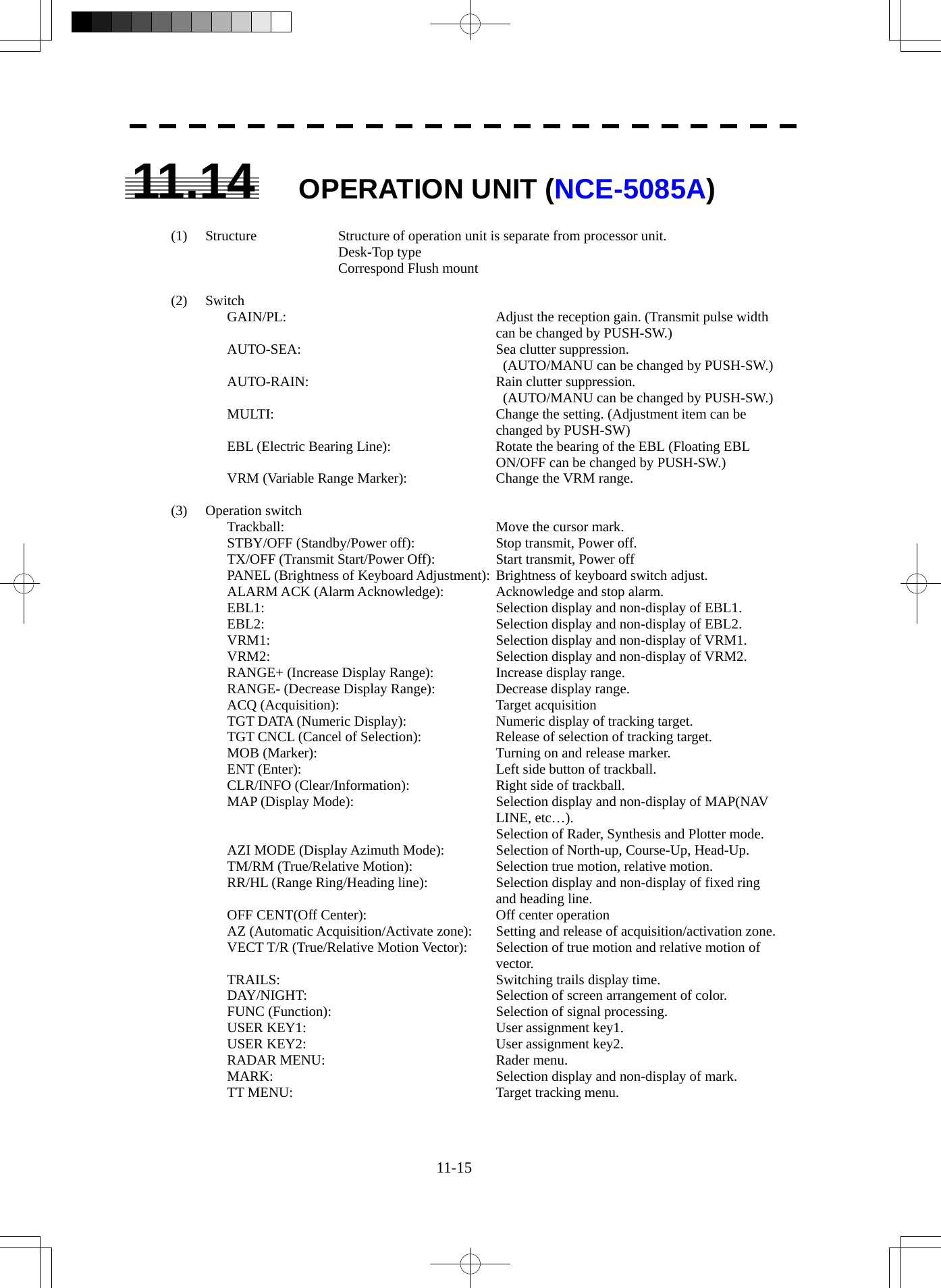  11-15 11.14 OPERATION UNIT (NCE-5085A)  (1)  Structure  Structure of operation unit is separate from processor unit.    Desk-Top type     Correspond Flush mount  (2) Switch GAIN/PL:  Adjust the reception gain. (Transmit pulse width can be changed by PUSH-SW.) AUTO-SEA:  Sea clutter suppression.   (AUTO/MANU can be changed by PUSH-SW.) AUTO-RAIN:  Rain clutter suppression.   (AUTO/MANU can be changed by PUSH-SW.) MULTI:  Change the setting. (Adjustment item can be changed by PUSH-SW) EBL (Electric Bearing Line):  Rotate the bearing of the EBL (Floating EBL ON/OFF can be changed by PUSH-SW.) VRM (Variable Range Marker):  Change the VRM range.  (3) Operation switch Trackball:  Move the cursor mark. STBY/OFF (Standby/Power off):  Stop transmit, Power off. TX/OFF (Transmit Start/Power Off):  Start transmit, Power off PANEL (Brightness of Keyboard Adjustment): Brightness of keyboard switch adjust. ALARM ACK (Alarm Acknowledge):  Acknowledge and stop alarm. EBL1:  Selection display and non-display of EBL1. EBL2:  Selection display and non-display of EBL2. VRM1:  Selection display and non-display of VRM1. VRM2:  Selection display and non-display of VRM2. RANGE+ (Increase Display Range): Increase display range. RANGE- (Decrease Display Range):  Decrease display range. ACQ (Acquisition):  Target acquisition TGT DATA (Numeric Display):  Numeric display of tracking target. TGT CNCL (Cancel of Selection):  Release of selection of tracking target. MOB (Marker):  Turning on and release marker. ENT (Enter):  Left side button of trackball. CLR/INFO (Clear/Information):  Right side of trackball. MAP (Display Mode):  Selection display and non-display of MAP(NAV LINE, etc…).   Selection of Rader, Synthesis and Plotter mode. AZI MODE (Display Azimuth Mode):  Selection of North-up, Course-Up, Head-Up. TM/RM (True/Relative Motion):  Selection true motion, relative motion. RR/HL (Range Ring/Heading line):  Selection display and non-display of fixed ring and heading line. OFF CENT(Off Center):  Off center operation AZ (Automatic Acquisition/Activate zone):  Setting and release of acquisition/activation zone. VECT T/R (True/Relative Motion Vector):  Selection of true motion and relative motion of vector. TRAILS:  Switching trails display time. DAY/NIGHT: Selection of screen arrangement of color. FUNC (Function):  Selection of signal processing. USER KEY1:  User assignment key1. USER KEY2:  User assignment key2. RADAR MENU:  Rader menu. MARK:  Selection display and non-display of mark. TT MENU:  Target tracking menu.  