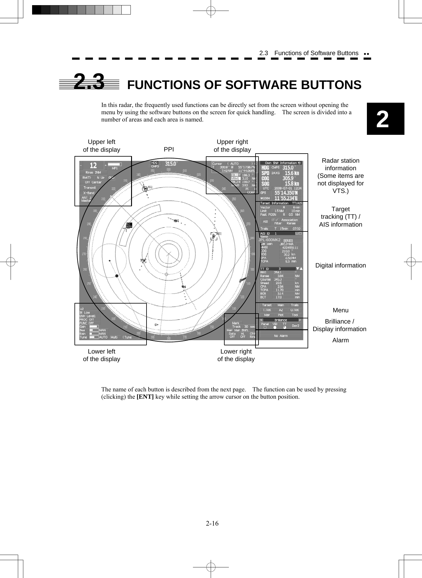  2-16 2 2.3    Functions of Software Buttons yy2.3  FUNCTIONS OF SOFTWARE BUTTONS  In this radar, the frequently used functions can be directly set from the screen without opening the menu by using the software buttons on the screen for quick handling.    The screen is divided into a number of areas and each area is named.   PPIUpper leftof the displayLower leftof the displayUpper rightof the displayLower rightof the displayRadar station information(Some items are not displayed for VTS.)Digital informationTargettracking (TT) /AIS informationMenuBrilliance /Display informationAlarm   The name of each button is described from the next page.    The function can be used by pressing (clicking) the [ENT] key while setting the arrow cursor on the button position.    JPL-600MK2 