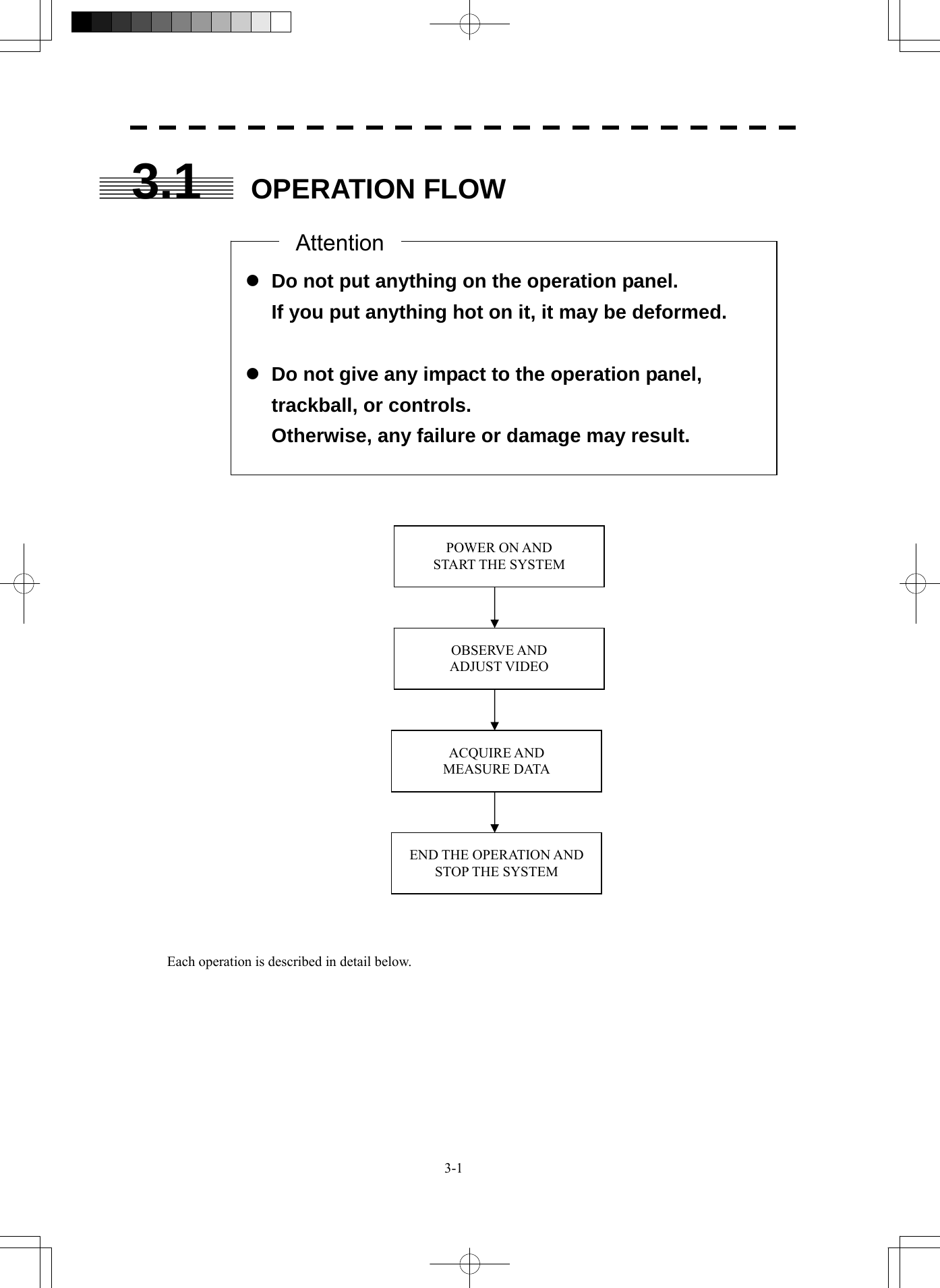  3-1 3.1  OPERATION FLOW                                         Each operation is described in detail below.  z Do not put anything on the operation panel. If you put anything hot on it, it may be deformed.  z Do not give any impact to the operation panel, trackball, or controls. Otherwise, any failure or damage may result. Attention POWER ON AND START THE SYSTEM OBSERVE AND   ADJUST VIDEO ACQUIRE AND   MEASURE DATA END THE OPERATION AND STOP THE SYSTEM 