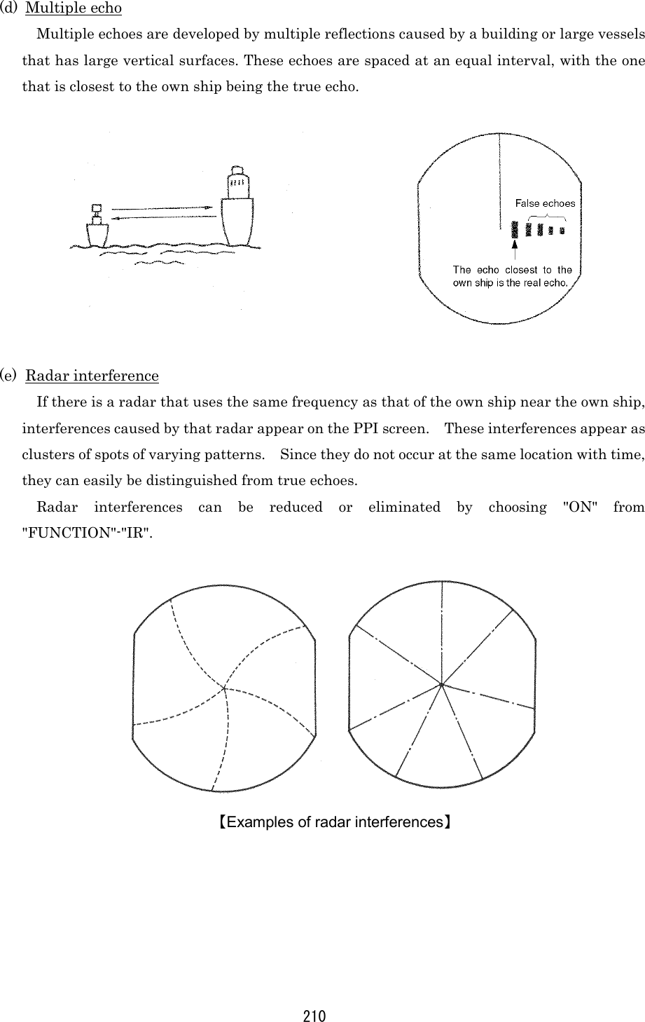 210 (d) Multiple echo Multiple echoes are developed by multiple reflections caused by a building or large vessels that has large vertical surfaces. These echoes are spaced at an equal interval, with the one that is closest to the own ship being the true echo.    (e) Radar interference If there is a radar that uses the same frequency as that of the own ship near the own ship, interferences caused by that radar appear on the PPI screen.    These interferences appear as clusters of spots of varying patterns.    Since they do not occur at the same location with time, they can easily be distinguished from true echoes. Radar interferences can be reduced or eliminated by choosing &quot;ON&quot; from &quot;FUNCTION&quot;-&quot;IR&quot;.   【Examples of radar interferences】 