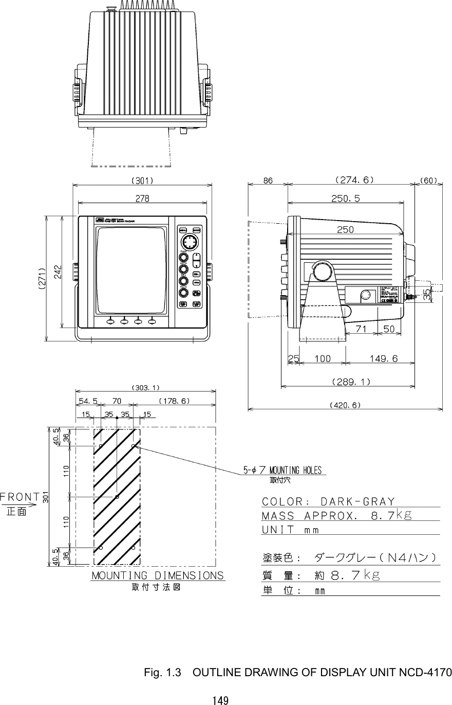 149  Fig. 1.3    OUTLINE DRAWING OF DISPLAY UNIT NCD-4170 