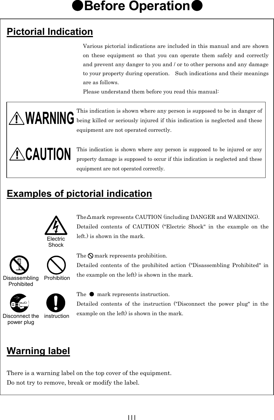 III ●●●●Before Operation●●●●                                             Various pictorial indications are included in this manual and are shown on these equipment so that you can operate them safely and correctly and prevent any danger to you and / or to other persons and any damage to your property during operation.    Such indications and their meanings are as follows. Please understand them before you read this manual:  This indication is shown where any person is supposed to be in danger of being killed or seriously injured if this indication is neglected and these equipment are not operated correctly.  This indication is shown where any person is supposed to be injured or any property damage is supposed to occur if this indication is neglected and these equipment are not operated correctly.     The△mark represents CAUTION (including DANGER and WARNING). Detailed contents of CAUTION (&quot;Electric Shock&quot; in the example on the left.) is shown in the mark.  The   mark represents prohibition. Detailed contents of the prohibited action (&quot;Disassembling Prohibited&quot; in the example on the left) is shown in the mark.  The  ●  mark represents instruction. Detailed contents of the instruction (&quot;Disconnect the power plug&quot; in the example on the left) is shown in the mark. Pictorial Indication WARNING CAUTION Examples of pictorial indication Warning label  There is a warning label on the top cover of the equipment. Do not try to remove, break or modify the label. Electric Shock Disassembling Prohibited Prohibition Disconnect the power plug instruction  