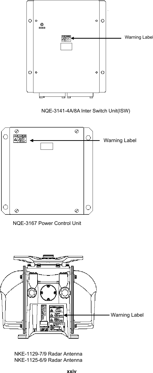  xxiv   NQE-3141-4A/8A Inter Switch Unit(ISW)  NQE-3167 Power Control UnitNKE-1129-7/9 Radar AntennaNKE-1125-6/9 Radar AntennaWarning LabelWarning Label Warning Label 