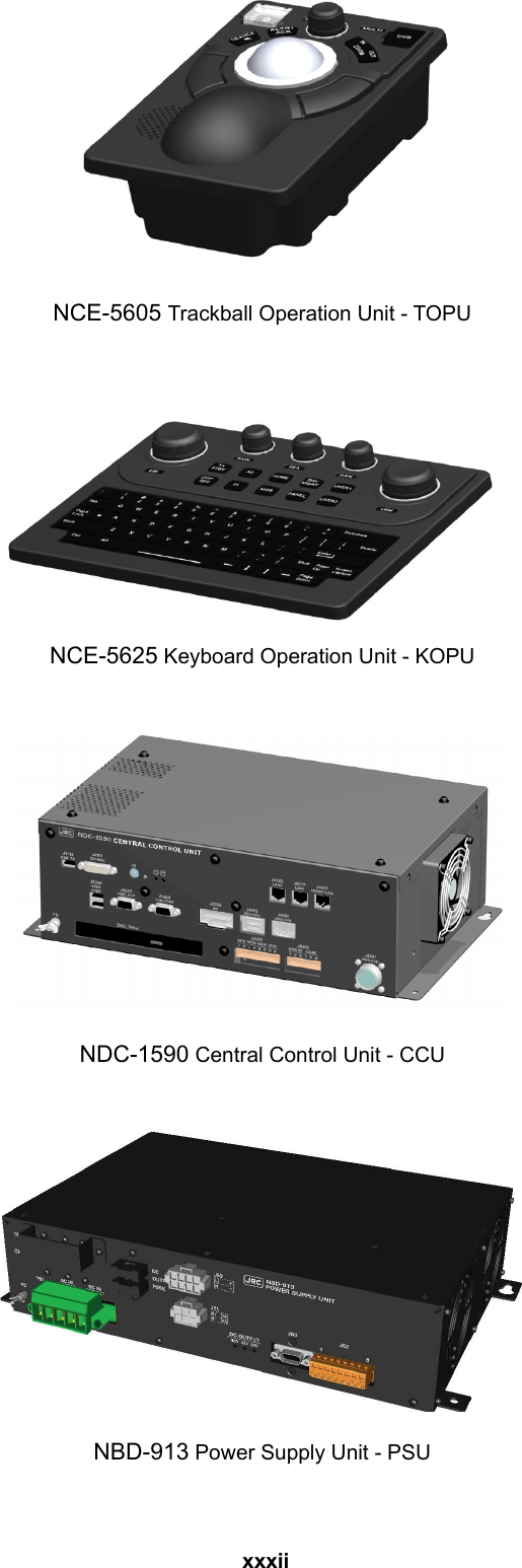  xxxii    NCE-5605 Trackball Operation Unit - TOPU     NCE-5625 Keyboard Operation Unit - KOPU     NDC-1590 Central Control Unit - CCU     NBD-913 Power Supply Unit - PSU  
