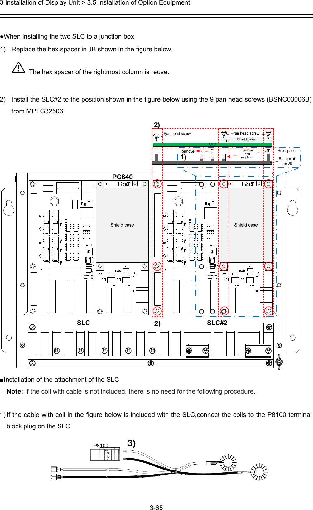  3 Installation of Display Unit &gt; 3.5 Installation of Option Equipment 3-65   ●When installing the two SLC to a junction box 1)  Replace the hex spacer in JB shown in the figure below.   The hex spacer of the rightmost column is reuse.  2)  Install the SLC#2 to the position shown in the figure below using the 9 pan head screws (BSNC03006B) from MPTG32506.  ■Installation of the attachment of the SLC Note: If the coil with cable is not included, there is no need for the following procedure.  1) If the cable with coil in the figure below is included with the SLC,connect the coils to the P8100 terminal block plug on the SLC.  SLC  SLC#2