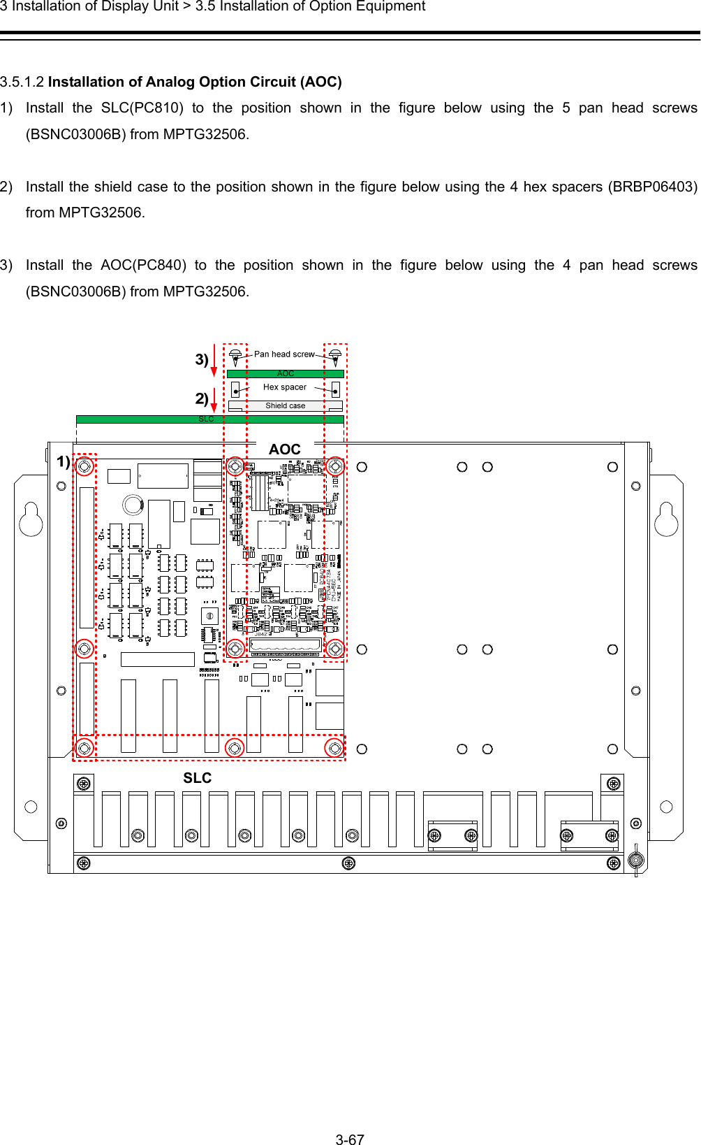  3 Installation of Display Unit &gt; 3.5 Installation of Option Equipment 3-67   3.5.1.2 Installation of Analog Option Circuit (AOC) 1)  Install the SLC(PC810) to the position shown in the figure below using the 5 pan head screws (BSNC03006B) from MPTG32506.  2)  Install the shield case to the position shown in the figure below using the 4 hex spacers (BRBP06403) from MPTG32506.  3)  Install the AOC(PC840) to the position shown in the figure below using the 4 pan head screws (BSNC03006B) from MPTG32506.   SLC AOC