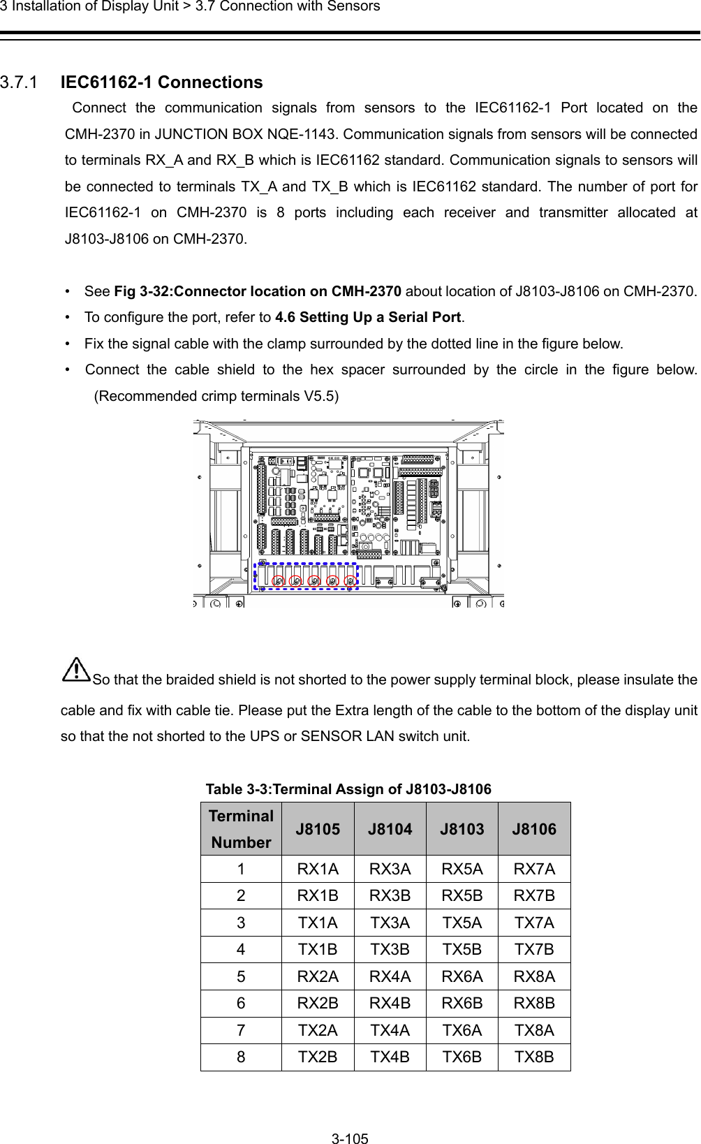  3 Installation of Display Unit &gt; 3.7 Connection with Sensors 3-105   3.7.1   IEC61162-1 Connections Connect the communication signals from sensors to the IEC61162-1 Port located on the CMH-2370 in JUNCTION BOX NQE-1143. Communication signals from sensors will be connected to terminals RX_A and RX_B which is IEC61162 standard. Communication signals to sensors will be connected to terminals TX_A and TX_B which is IEC61162 standard. The number of port for IEC61162-1 on CMH-2370 is 8 ports including each receiver and transmitter allocated at J8103-J8106 on CMH-2370.   •  See Fig 3-32:Connector location on CMH-2370 about location of J8103-J8106 on CMH-2370.   •    To configure the port, refer to 4.6 Setting Up a Serial Port. •    Fix the signal cable with the clamp surrounded by the dotted line in the figure below. •  Connect the cable shield to the hex spacer surrounded by the circle in the figure below. (Recommended crimp terminals V5.5)   So that the braided shield is not shorted to the power supply terminal block, please insulate the cable and fix with cable tie. Please put the Extra length of the cable to the bottom of the display unit so that the not shorted to the UPS or SENSOR LAN switch unit.  Table 3-3:Terminal Assign of J8103-J8106 Terminal Number  J8105  J8104  J8103  J8106 1  RX1A RX3A RX5A RX7A 2  RX1B RX3B RX5B RX7B 3 TX1A TX3A TX5A TX7A 4 TX1B TX3B TX5B TX7B 5  RX2A RX4A RX6A RX8A 6  RX2B RX4B RX6B RX8B 7 TX2A TX4A TX6A TX8A 8 TX2B TX4B TX6B TX8B 