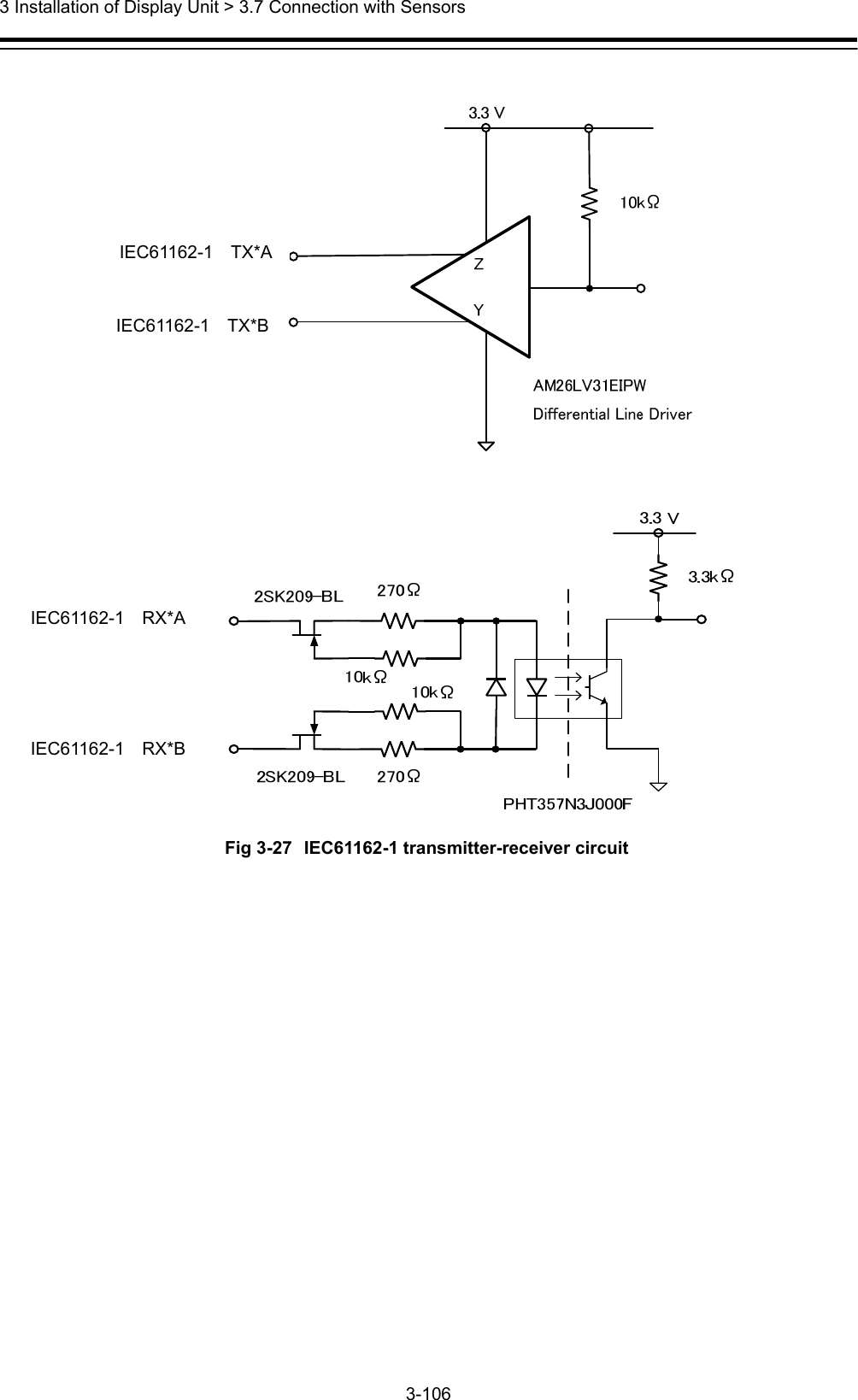  3 Installation of Display Unit &gt; 3.7 Connection with Sensors 3-106      Fig 3-27 IEC61162-1 transmitter-receiver circuit  IEC61162-1  RX*A IEC61162-1  TX*B IEC61162-1  RX*B IEC61162-1  TX*A 