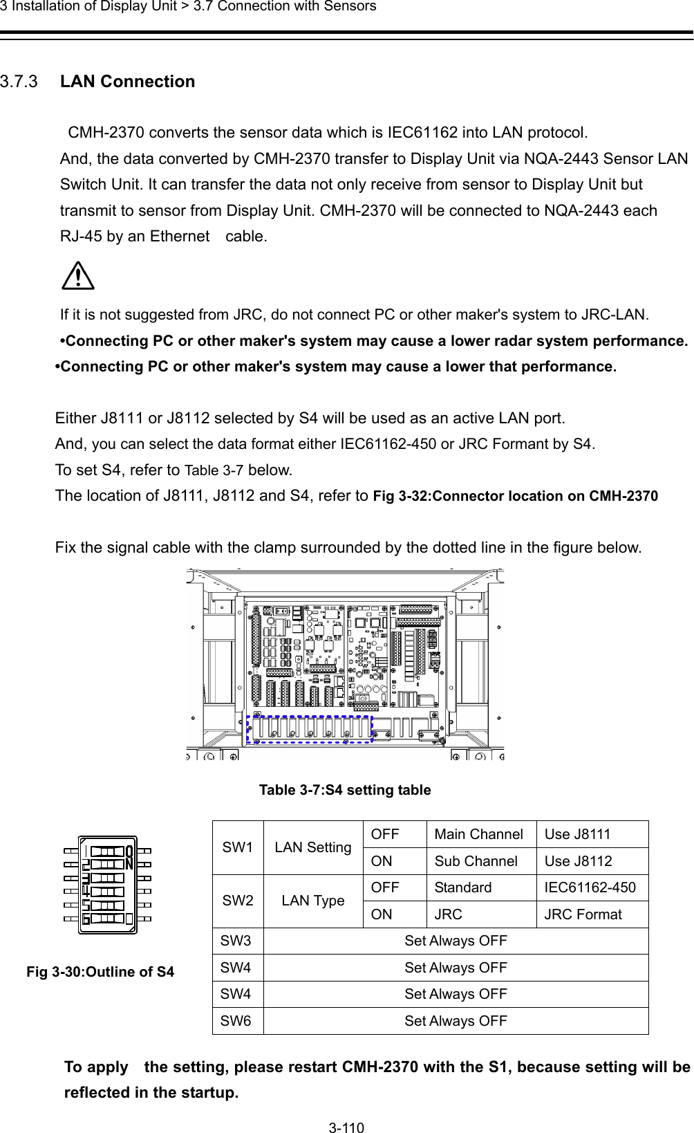  3 Installation of Display Unit &gt; 3.7 Connection with Sensors 3-110   3.7.3   LAN Connection  CMH-2370 converts the sensor data which is IEC61162 into LAN protocol. And, the data converted by CMH-2370 transfer to Display Unit via NQA-2443 Sensor LAN Switch Unit. It can transfer the data not only receive from sensor to Display Unit but transmit to sensor from Display Unit. CMH-2370 will be connected to NQA-2443 each RJ-45 by an Ethernet    cable.   If it is not suggested from JRC, do not connect PC or other maker&apos;s system to JRC-LAN. •Connecting PC or other maker&apos;s system may cause a lower radar system performance. •Connecting PC or other maker&apos;s system may cause a lower that performance.  Either J8111 or J8112 selected by S4 will be used as an active LAN port. And, you can select the data format either IEC61162-450 or JRC Formant by S4. To set S4, refer to Table 3-7 below. The location of J8111, J8112 and S4, refer to Fig 3-32:Connector location on CMH-2370  Fix the signal cable with the clamp surrounded by the dotted line in the figure below.  Table 3-7:S4 setting table  Fig 3-30:Outline of S4   To apply    the setting, please restart CMH-2370 with the S1, because setting will be reflected in the startup. SW1 LAN Setting OFF  Main Channel  Use J8111 ON  Sub Channel  Use J8112 SW2 LAN Type OFF Standard  IEC61162-450ON JRC  JRC Format SW3 Set Always OFF SW4 Set Always OFF SW4 Set Always OFF SW6 Set Always OFF 