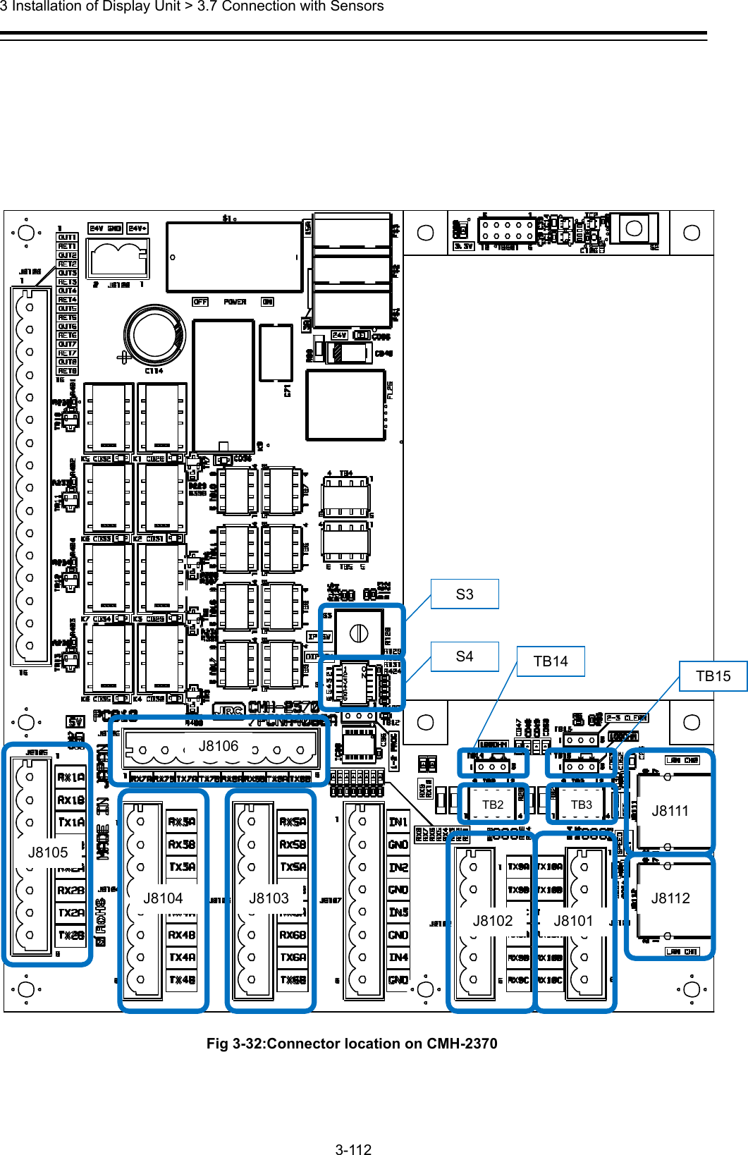  3 Installation of Display Unit &gt; 3.7 Connection with Sensors 3-112         Fig 3-32:Connector location on CMH-2370 J8105 J8104  J8103 J8106 J8102  J8101 J8111 J8112 S3 S4 TB15 TB14 TB2 TB3 