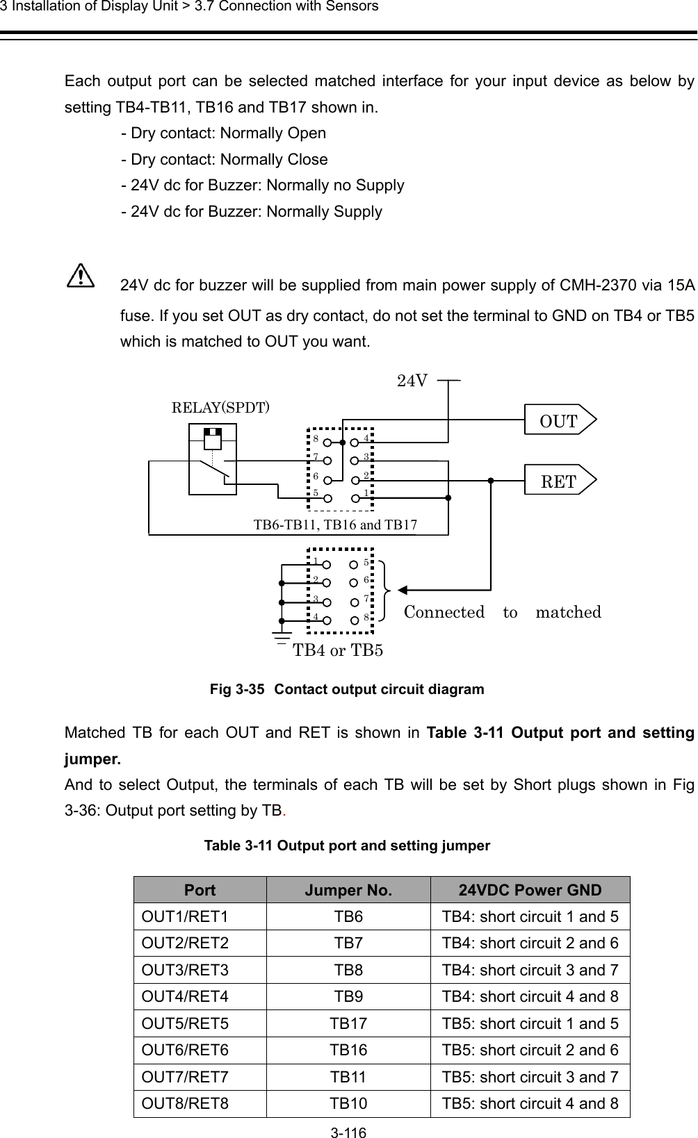  3 Installation of Display Unit &gt; 3.7 Connection with Sensors 3-116   Each output port can be selected matched interface for your input device as below by setting TB4-TB11, TB16 and TB17 shown in.   - Dry contact: Normally Open     - Dry contact: Normally Close   - 24V dc for Buzzer: Normally no Supply   - 24V dc for Buzzer: Normally Supply    24V dc for buzzer will be supplied from main power supply of CMH-2370 via 15A fuse. If you set OUT as dry contact, do not set the terminal to GND on TB4 or TB5 which is matched to OUT you want.  OUT RET RELAY(SPDT) 24VTB4 or TB5Connected to matched TB6-TB11, TB16 and 1234567887654321 Fig 3-35 Contact output circuit diagram Matched TB for each OUT and RET is shown in Table 3-11 Output port and setting jumper. And to select Output, the terminals of each TB will be set by Short plugs shown in Fig 3-36: Output port setting by TB. Table 3-11 Output port and setting jumper Port  Jumper No.  24VDC Power GND OUT1/RET1  TB6  TB4: short circuit 1 and 5 OUT2/RET2  TB7  TB4: short circuit 2 and 6 OUT3/RET3  TB8  TB4: short circuit 3 and 7 OUT4/RET4  TB9  TB4: short circuit 4 and 8 OUT5/RET5  TB17  TB5: short circuit 1 and 5 OUT6/RET6  TB16  TB5: short circuit 2 and 6 OUT7/RET7  TB11  TB5: short circuit 3 and 7 OUT8/RET8  TB10  TB5: short circuit 4 and 8 TB6-TB11, TB16 and TB17 