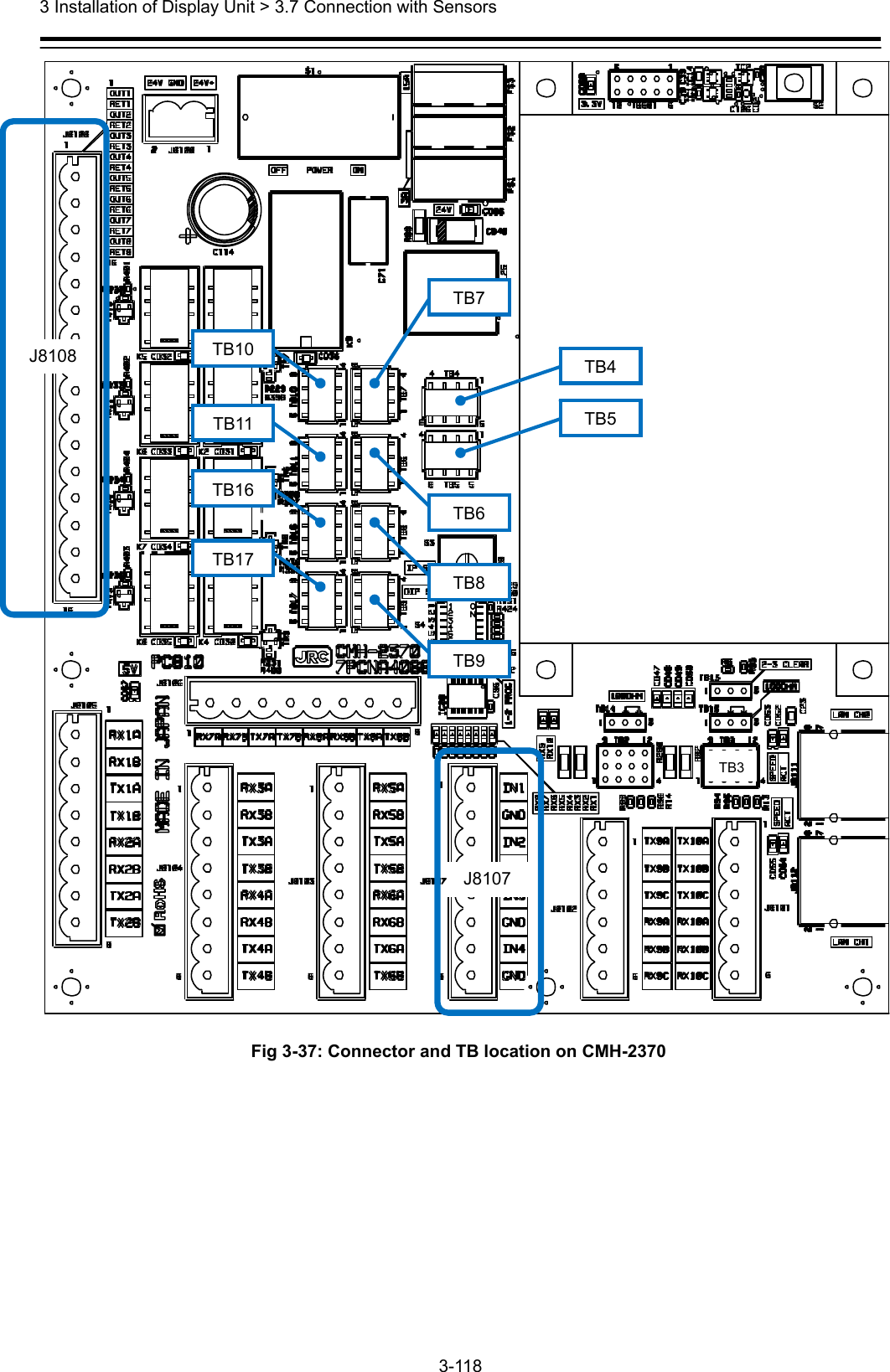  3 Installation of Display Unit &gt; 3.7 Connection with Sensors 3-118   Fig 3-37: Connector and TB location on CMH-2370   J8108 J8107 TB3 TB5 TB4 TB7 TB6 TB10 TB11 TB16 TB17 TB8 TB9 