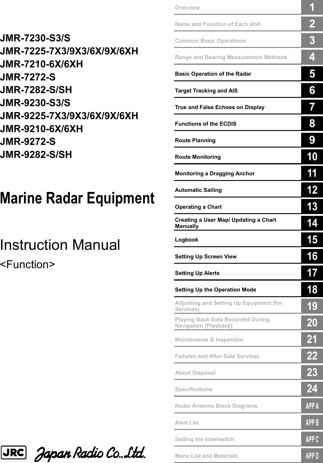        Overview  1      Name and Function of Each Unit  2      Common Basic Operations  3      Range and Bearing Measurement Methods  4        Basic Operation of the Radar  5      Target Tracking and AIS  6      True and False Echoes on Display  7        Functions of the ECDIS  8        Route Planning  9      Route Monitoring  10      Monitoring a Dragging Anchor  11      Automatic Sailing  12      Operating a Chart  13      Creating a User Map/ Updating a Chart Manually  14      Logbook  15      Setting Up Screen View  16      Setting Up Alerts  17      Setting Up the Operation Mode  18      Adjusting and Setting Up Equipment (for Services)  19      Playing Back Data Recorded During Navigation [Playback]  20        Maintenance &amp; Inspection  21        Failures and After-Sale Services  22        About Disposal  23        Specifications  24         Radar Antenna Block Diagrams  APP A       Alert List  APP B       Setting the Interswitch  APP C       Menu List and Materials  APP D      JMR-7230-S3/S JMR-7225-7X3/9X3/6X/9X/6XH JMR-7210-6X/6XH JMR-7272-S JMR-7282-S/SH JMR-9230-S3/S JMR-9225-7X3/9X3/6X/9X/6XH JMR-9210-6X/6XH JMR-9272-S JMR-9282-S/SH   Marine Radar Equipment   Instruction Manual  &lt;Function&gt;                     