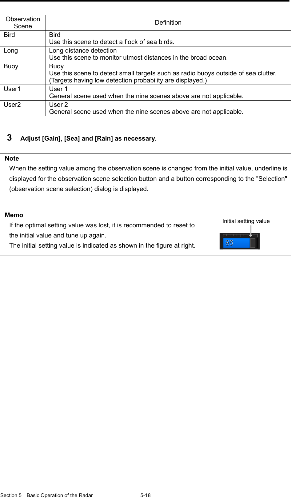  Section 5  Basic Operation of the Radar 5-18  Observation Scene Definition Bird Bird Use this scene to detect a flock of sea birds. Long Long distance detection Use this scene to monitor utmost distances in the broad ocean. Buoy Buoy Use this scene to detect small targets such as radio buoys outside of sea clutter. (Targets having low detection probability are displayed.) User1 User 1 General scene used when the nine scenes above are not applicable. User2 User 2 General scene used when the nine scenes above are not applicable.  3  Adjust [Gain], [Sea] and [Rain] as necessary.  Note When the setting value among the observation scene is changed from the initial value, underline is displayed for the observation scene selection button and a button corresponding to the &quot;Selection&quot; (observation scene selection) dialog is displayed.  Memo If the optimal setting value was lost, it is recommended to reset to the initial value and tune up again. The initial setting value is indicated as shown in the figure at right.       Initial setting value 